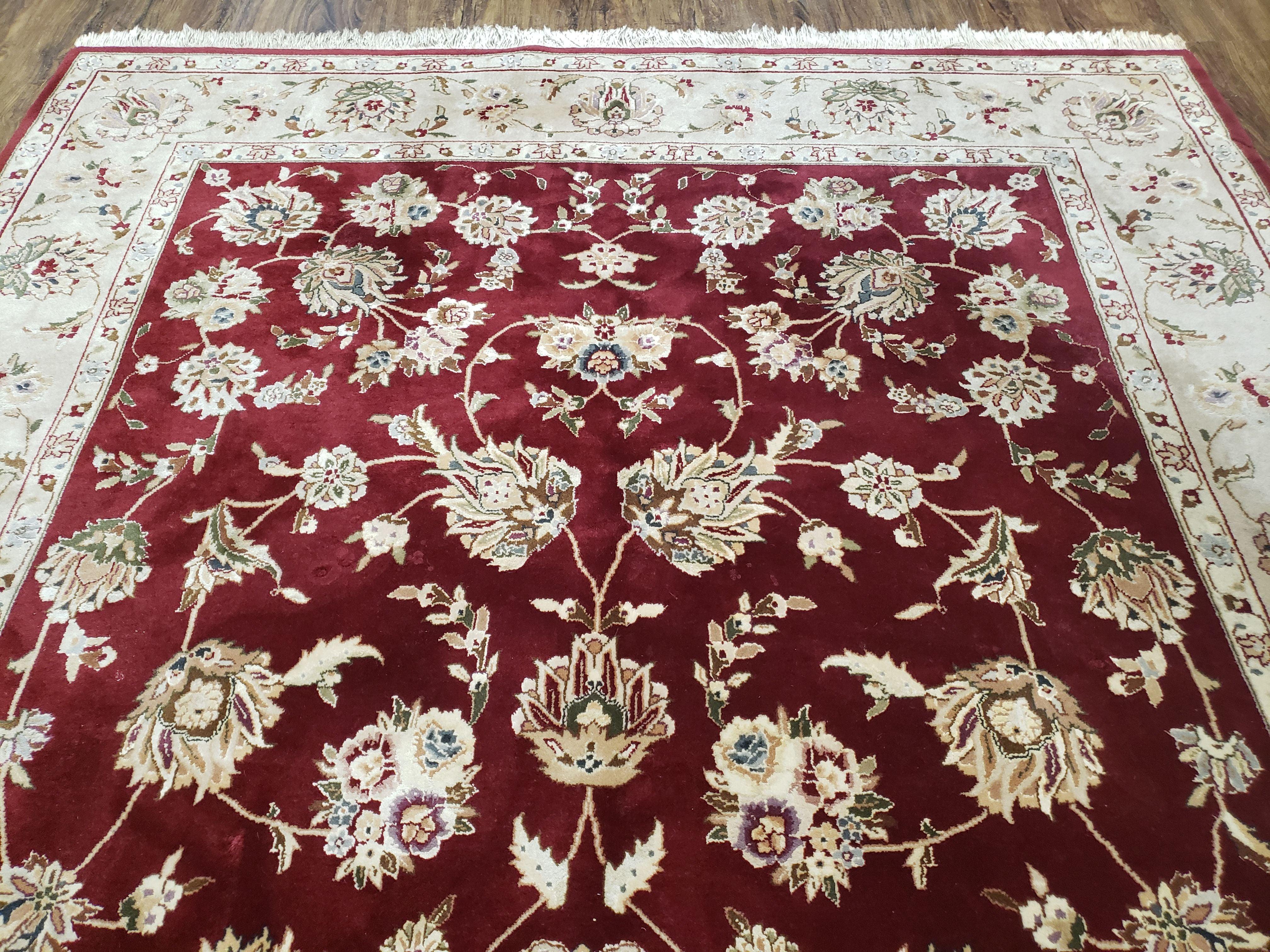 Vintage Traditional Oriental Area Rug, Hand-Knotted, Wool & Silk Accents, Maroon Red and Beige, 6x9 Carpet, 5' 9" x 9' - Jewel Rugs