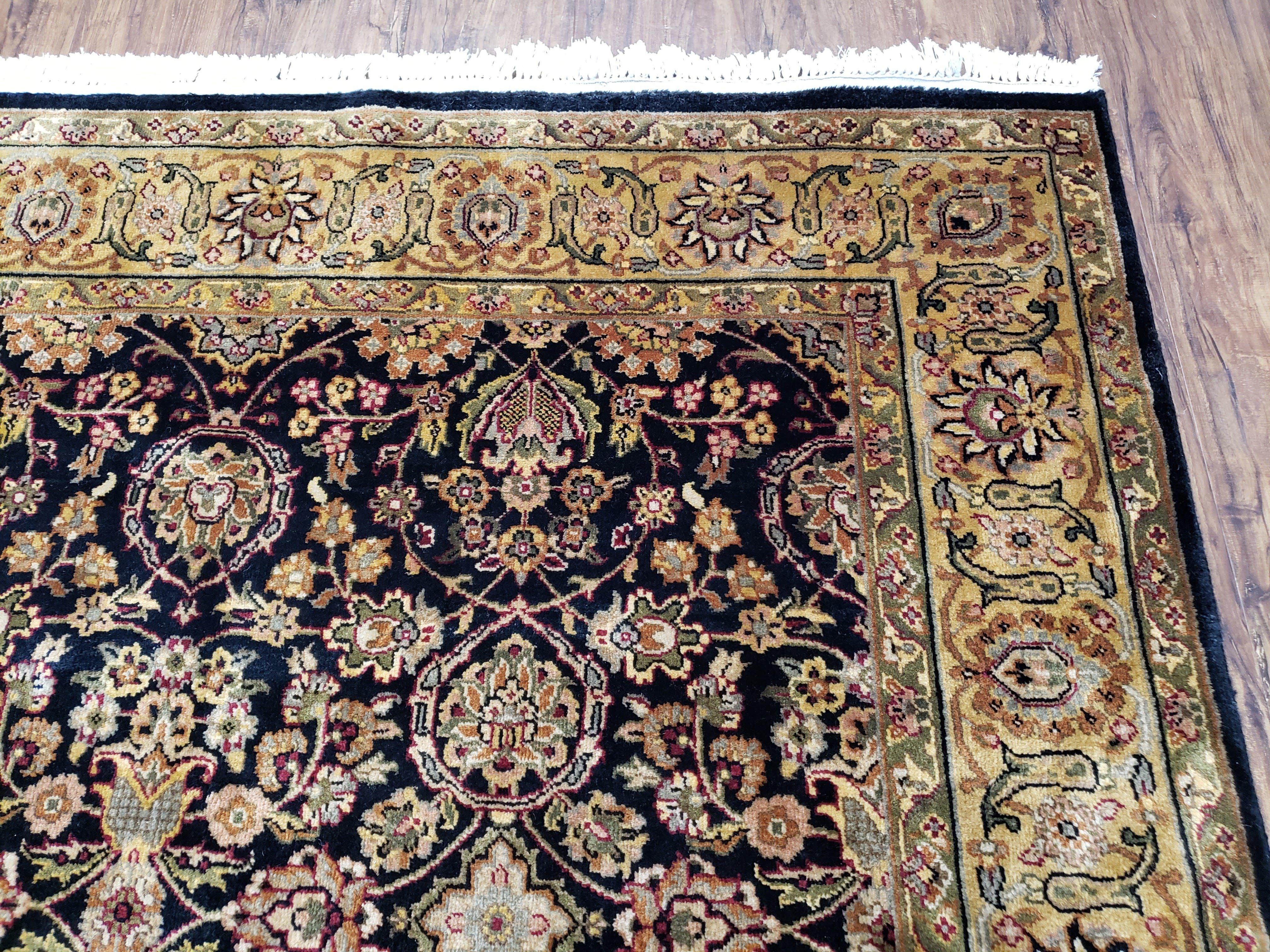 Vintage Floral Indo-Persian Area Rug 5x9 - 6x10, Wool Hand-knotted Black & Gold Indian Oriental Carpet, 6x9 Dining Table Rug, Bedroom Rug - Jewel Rugs