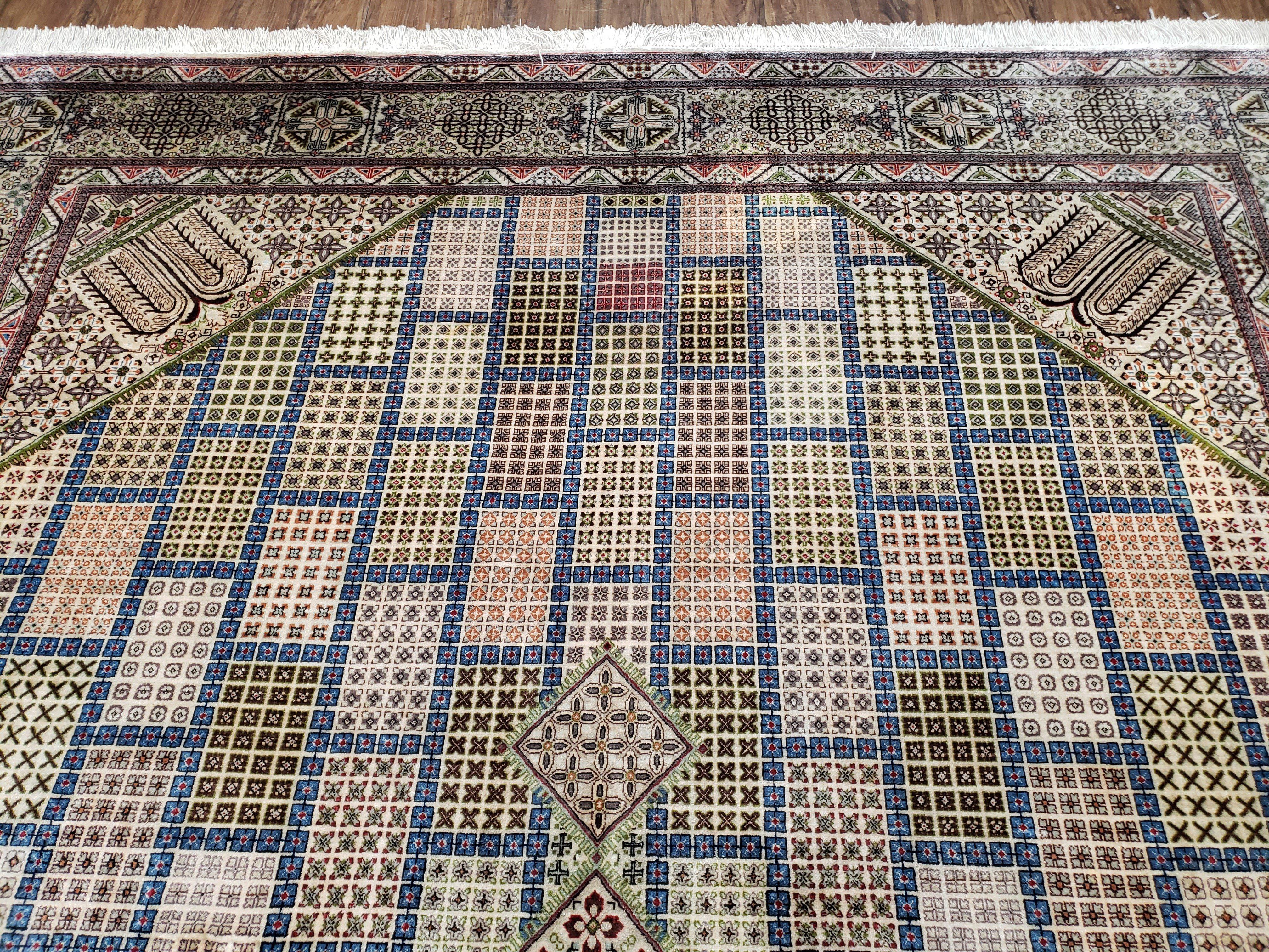 Sino Persian Silk Rug 6.4 x 9.9, Very Fine Hand Knotted Carpet, Panel Design Multicolor, Silk Pile on Silk Foundation, Handmade Vintage - Jewel Rugs