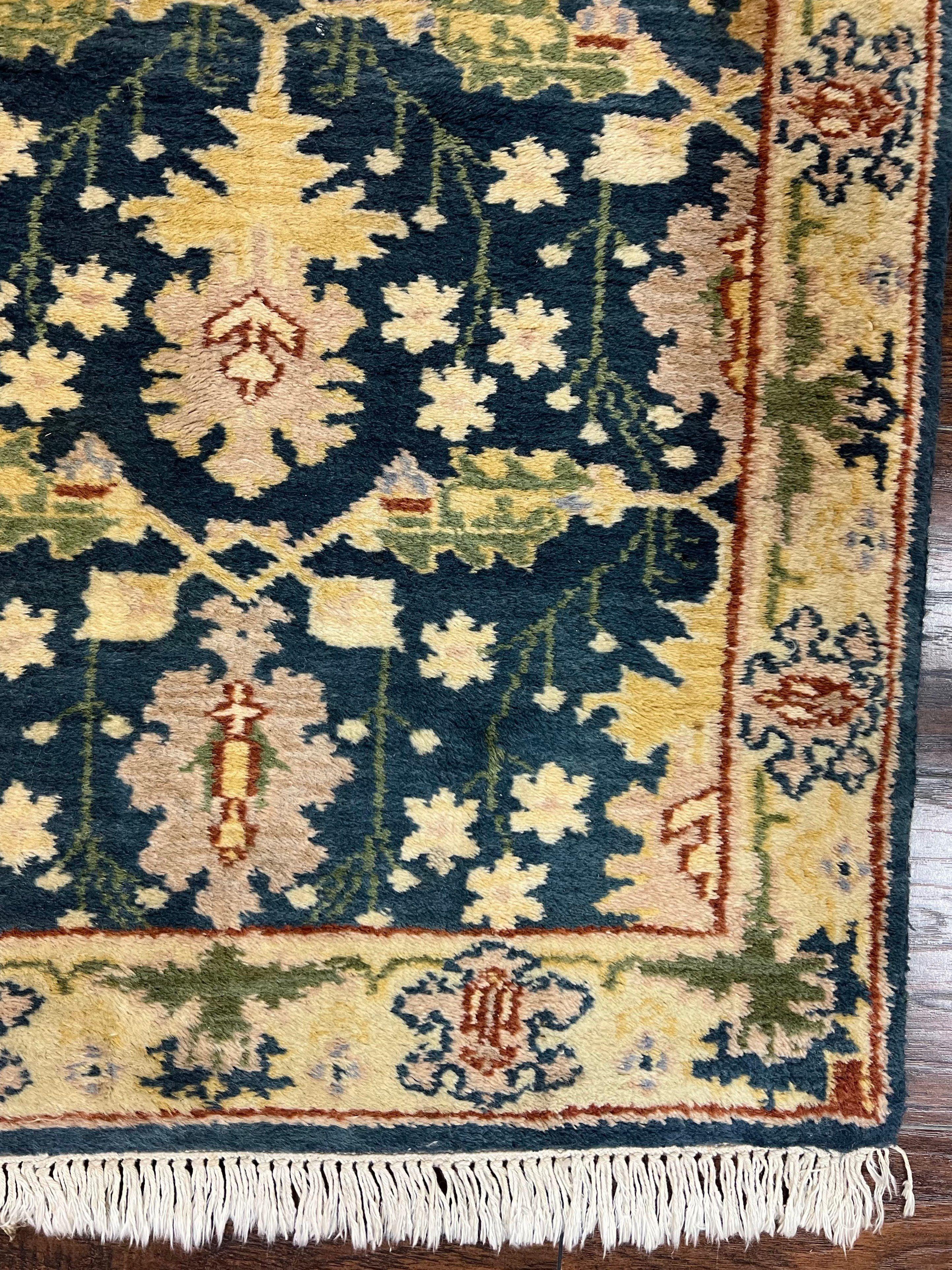 Indian Runner Rug 2.6 x 12, Navy Blue Beige Oriental Runner Rug 12ft Long, Narrow Hallway Runner, Wool Hand Knotted Indo Persian Mahal Rug - Jewel Rugs