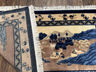 Antique Chinese Pictorial Rug 2.7 x 5, Chinese Village and Hills Carpet, Beige and Dark Blue, Handmade, Horizontal Rug Wall Hanging Tapestry - Jewel Rugs