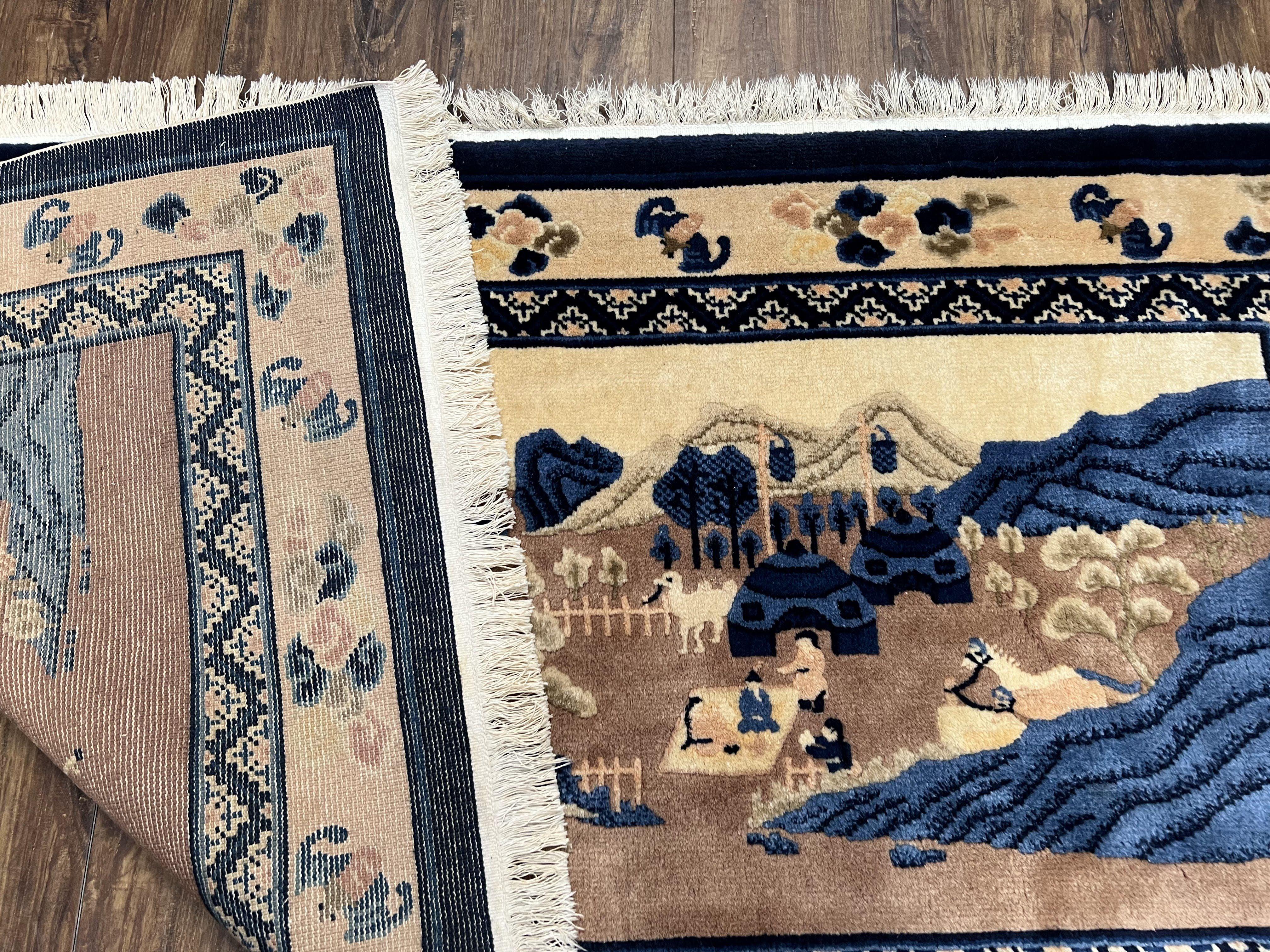 Antique Chinese Pictorial Rug 2.7 x 5, Chinese Village and Hills Carpet, Beige and Dark Blue, Handmade, Horizontal Rug Wall Hanging Tapestry - Jewel Rugs