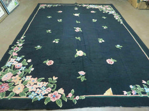 8' X 11' Handmade Chinese Hooked Rug Wool Rug Flowers Black Nice - Jewel Rugs