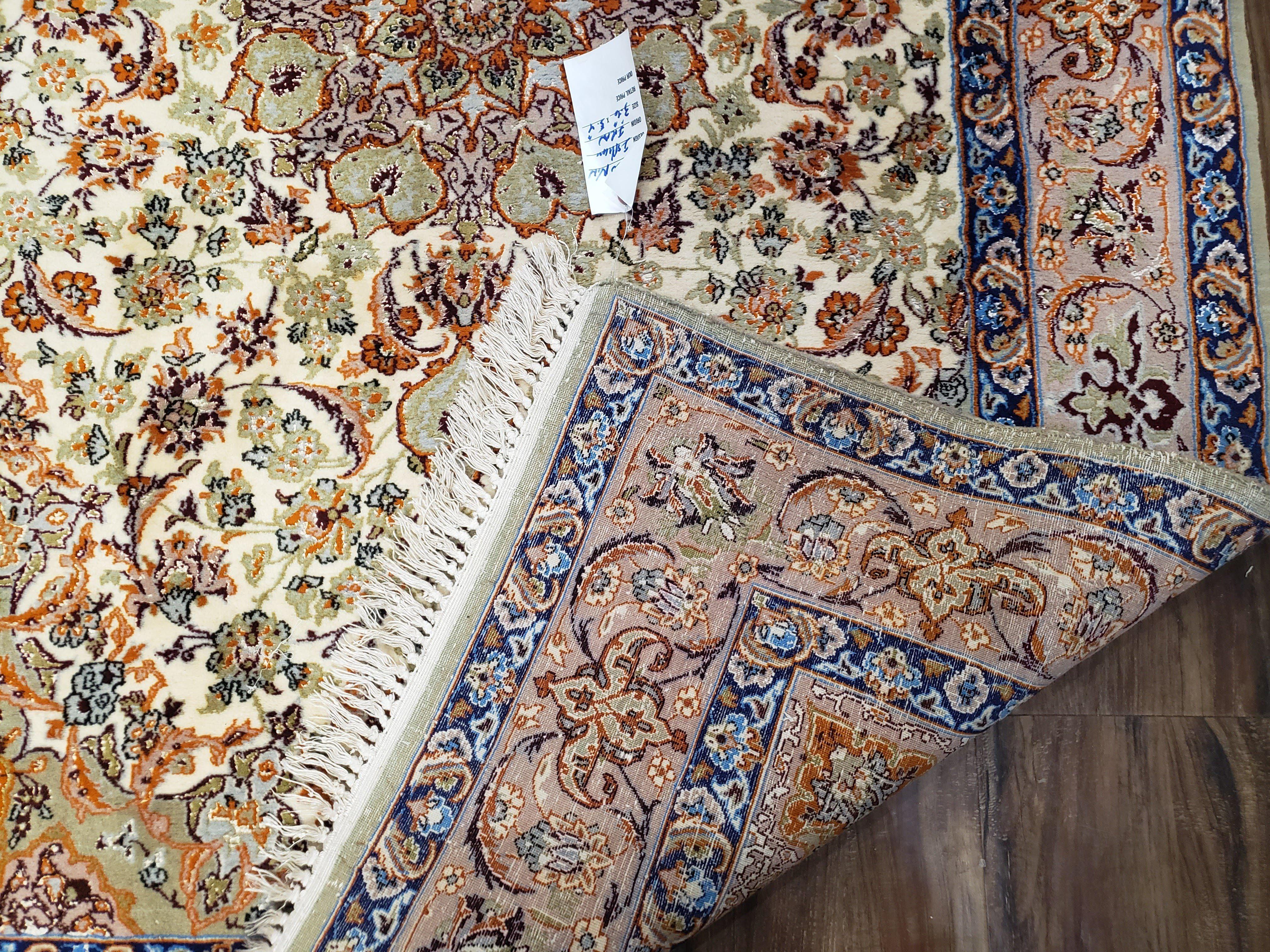 Vintage Persian Isfahan Lachak Toranj Rug, Highly Detailed, Kork Wool on Silk Foundation, Beige and Dark Blue, Hand-Knotted, 3'6" x 5' 4" - Jewel Rugs