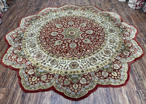 8ft Round Hand Knotted Rug, Unique Flower Petal Shape, 8x8 Circular Wool Carpet Handmade, Burgundy Cream Multicolor Floral Medallion Allover - Jewel Rugs
