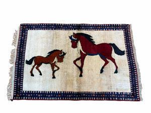 3.5 X 5 Handmade Hand-Knotted Quality Wool Pictorial Brown Horses Animal Rug - Jewel Rugs