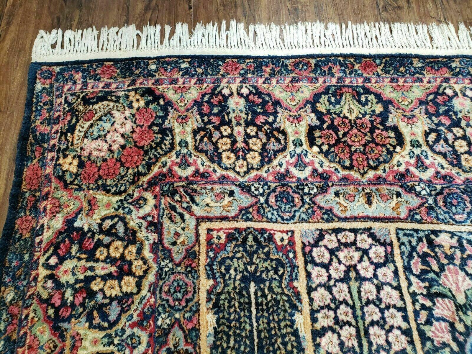 Persian Rug 10x15, Authentic Oriental Carpet 10 x 15, Wool Area Rug Panel Design Hand-Knotted Vintage Kirman Yazd Rug, Dark Blue and Beige, Floral - Jewel Rugs
