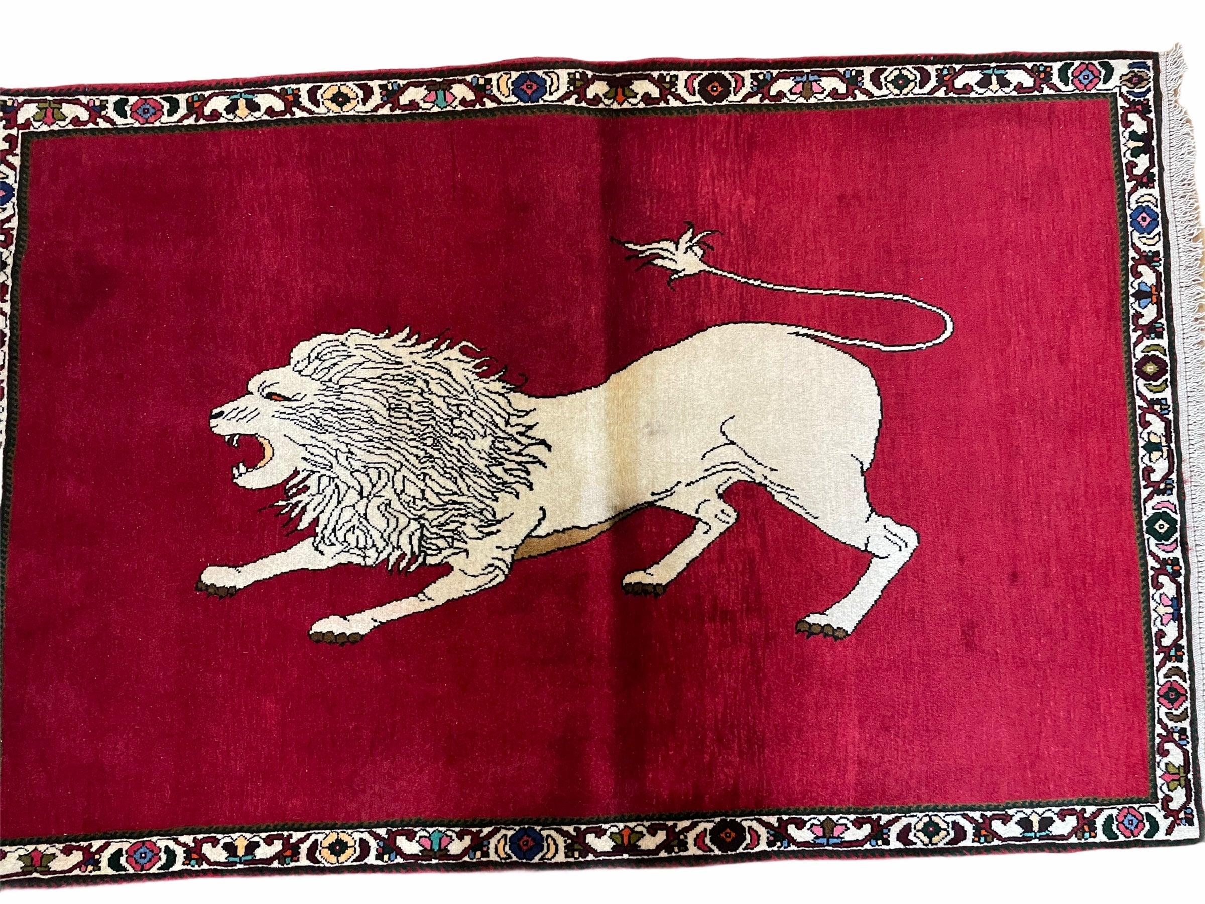 4 X 6 Handmade Hand-Knotted Quality Wool Rug Zagros Lion Red Ivory Tribal Rug - Jewel Rugs