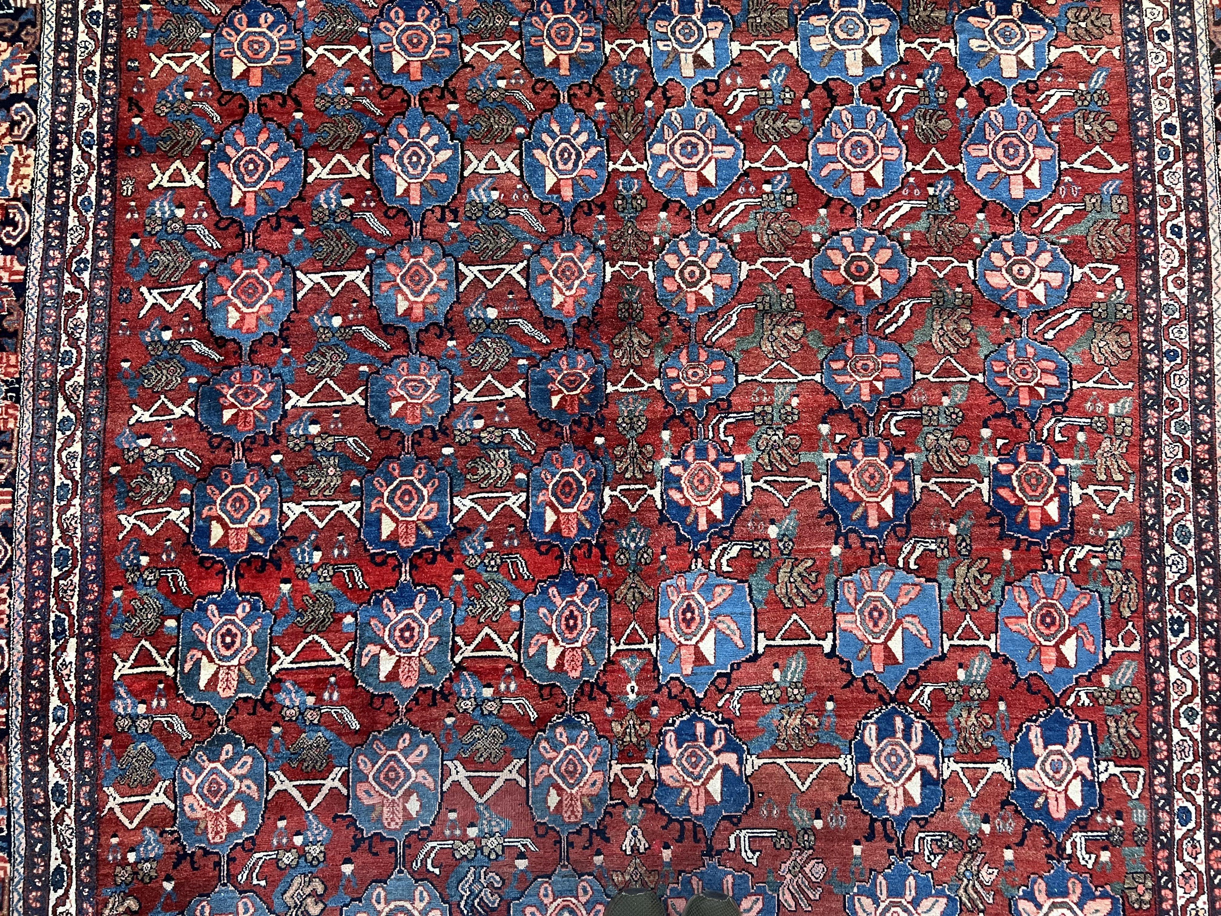 Antique Persian Bijar Rug 9x12 - Allover Motif, Red & Blue - Jewel Rugs