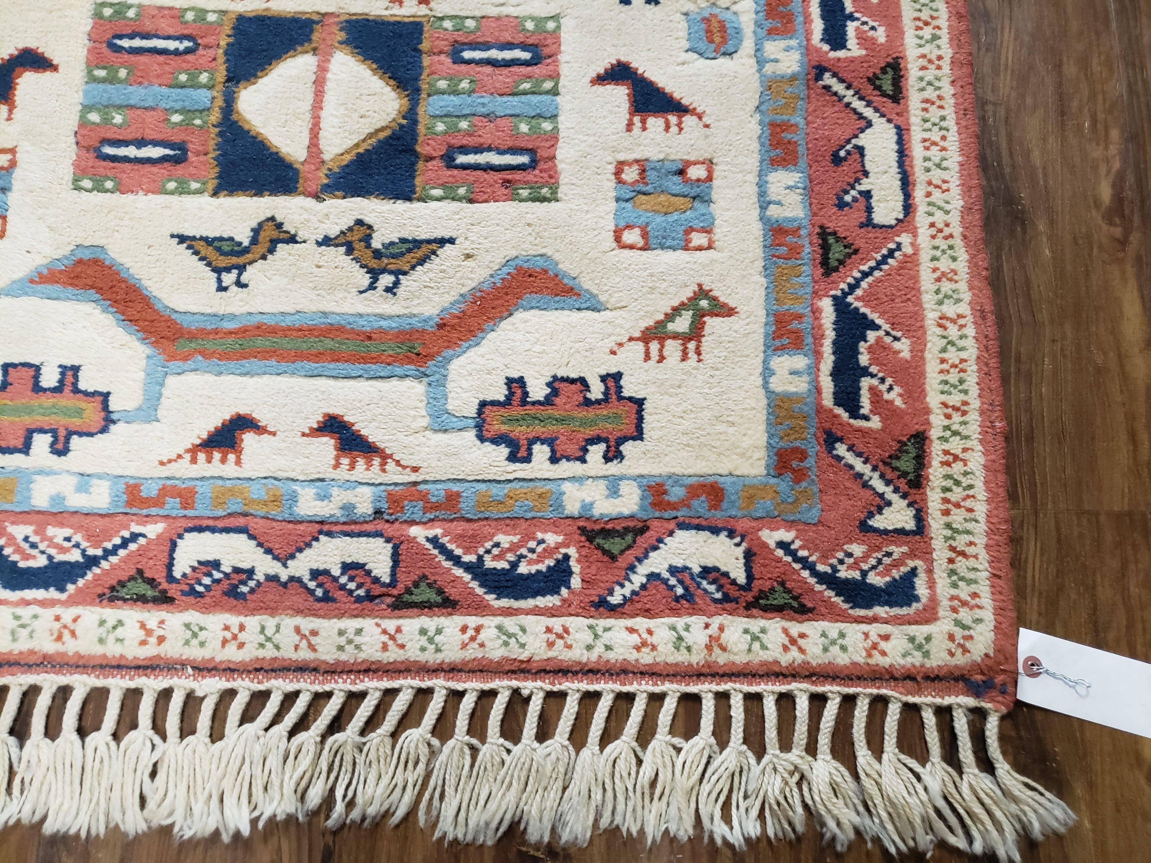 3x5 Handmade Vintage Turkish Area Rug Wool Kazak Caucasian Carpet 3'4"x4'7" Bird - Jewel Rugs