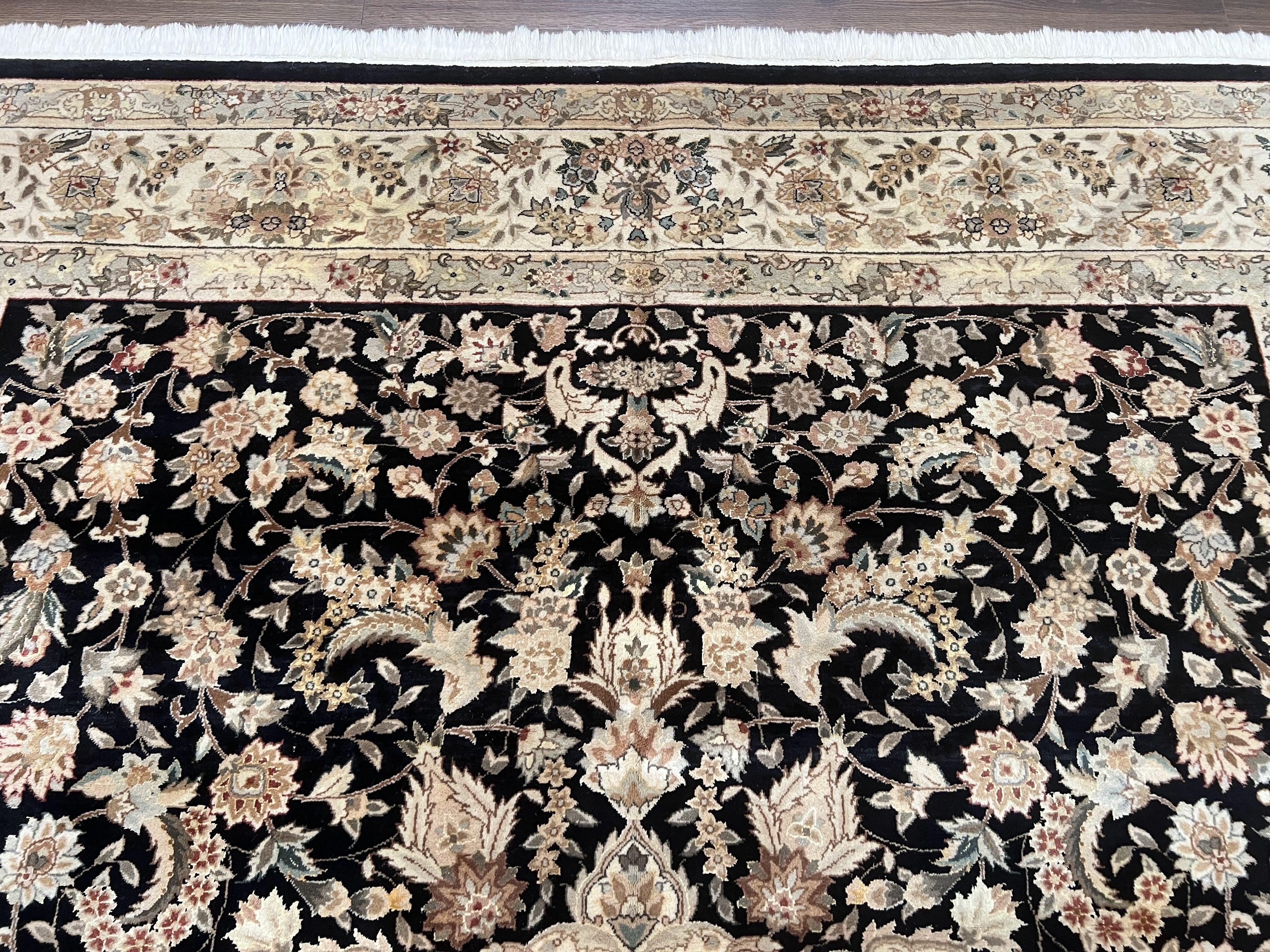 Indo Persian Rug 8x10, Elegant Floral Medallion Indian Oriental Carpet, Wool and Silk, Black and Beige, Hand Knotted Vintage Room Sized Rug - Jewel Rugs