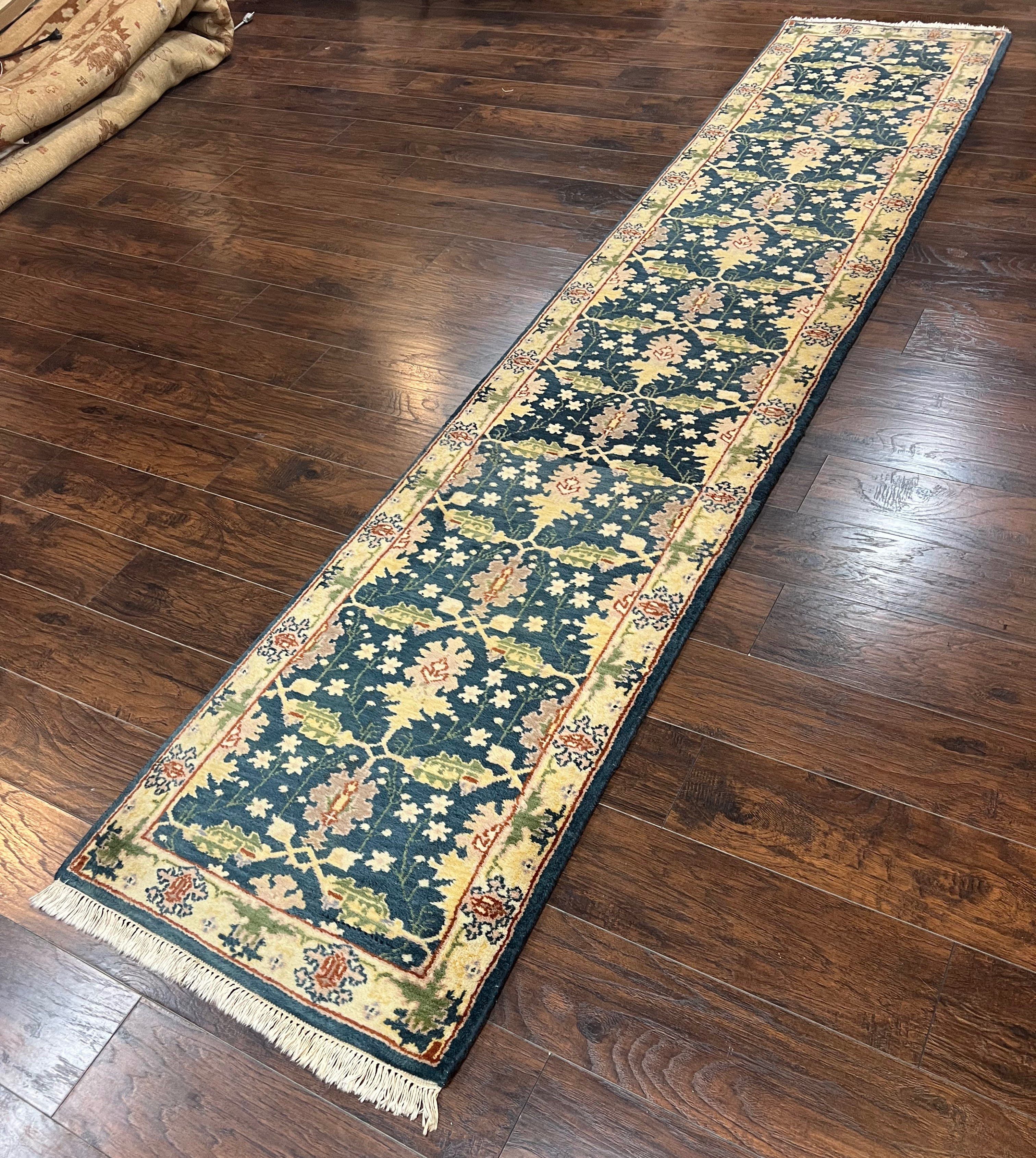 Indian Runner Rug 2.6 x 12, Navy Blue Beige Oriental Runner Rug 12ft Long, Narrow Hallway Runner, Wool Hand Knotted Indo Persian Mahal Rug - Jewel Rugs