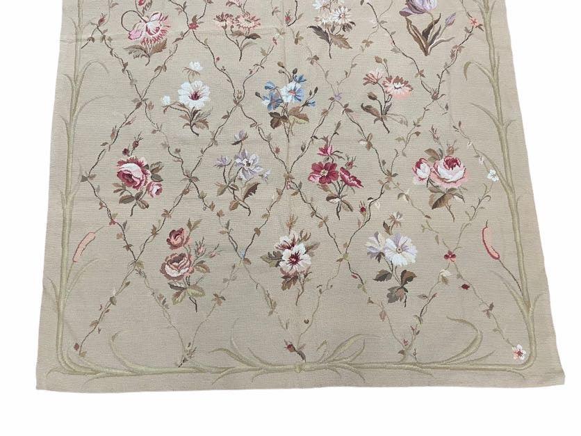 Beige Needlepoint Rug 6x9, Flatweave Aubusson Carpet, Flowers, Pretty, Hand-Knotted, French European Design, Wool, Handmade, New - Jewel Rugs