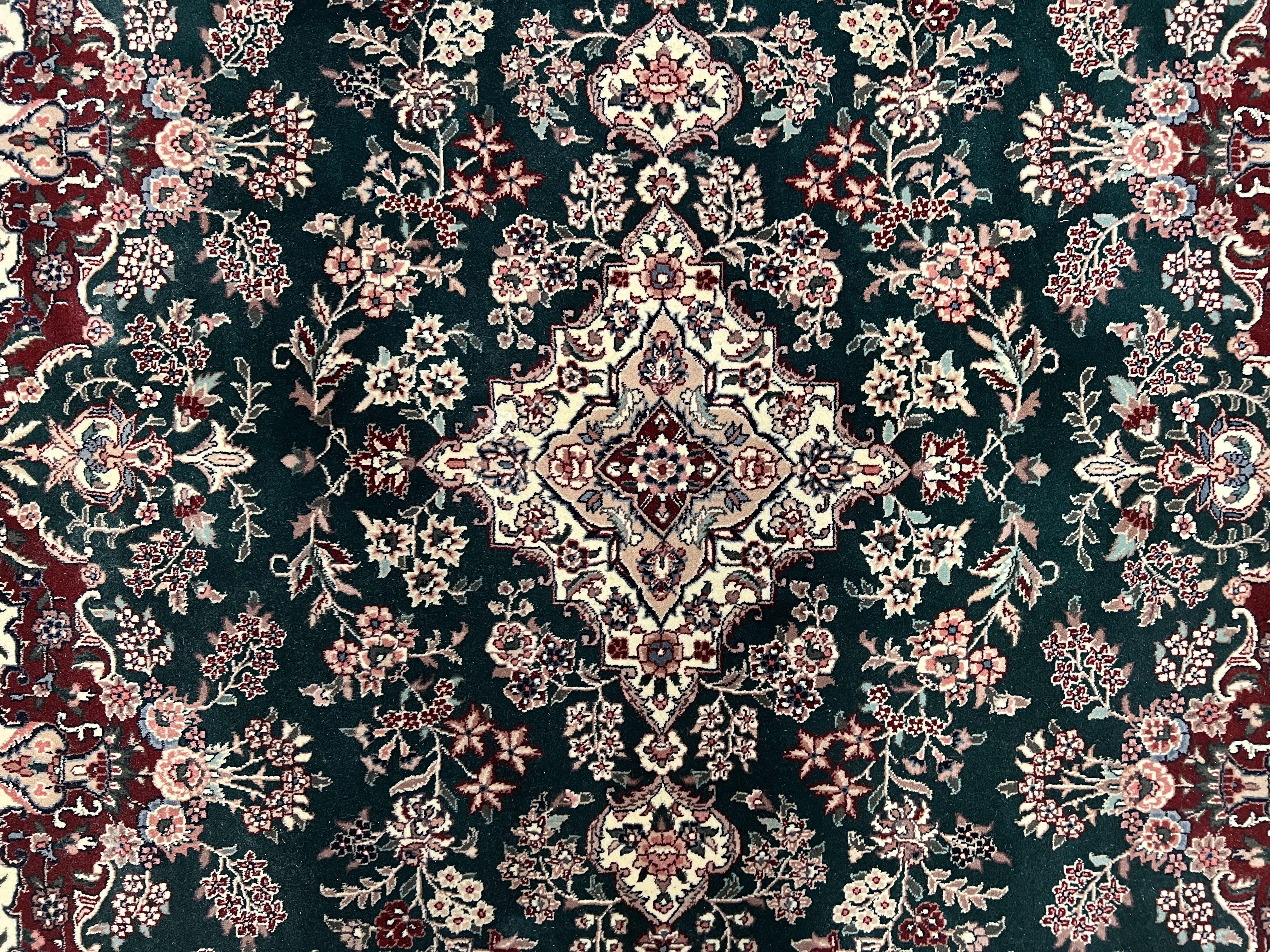 Indo Persian Rug 8x10 Area Rug, Vintage Rug 8 x 10 Oriental Carpet Hand-Knotted Room Sized Wool Rug Green and Ivory Allover Floral Medallion - Jewel Rugs