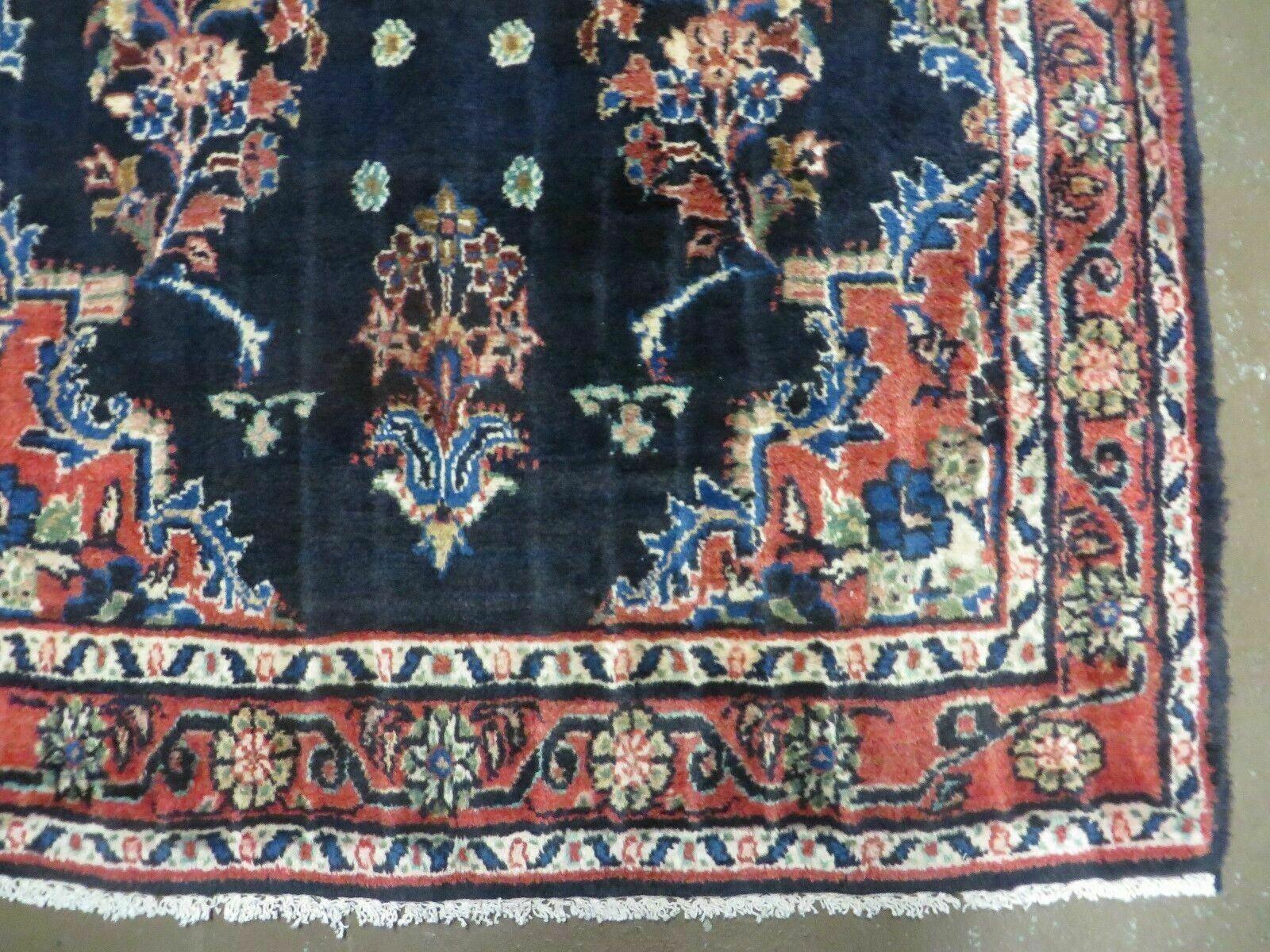 Persian Runner Rug 3.7 x 10.9, Antique Persian Lilihan Lilian Sarouk Wool Handmade Oriental Tribal Hallway Runner, Navy Blue Red Cream, Floral Semi Open Field Medallion - Jewel Rugs