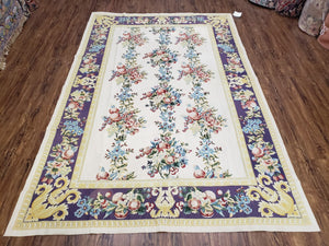 Vintage Chinese Floral Needlepoint Area Rug 6x9, Wool Hand-Woven Handmade Flatweave Rug, Ivory & Purple, Fruits Grapes Apples, Dining Room - Jewel Rugs