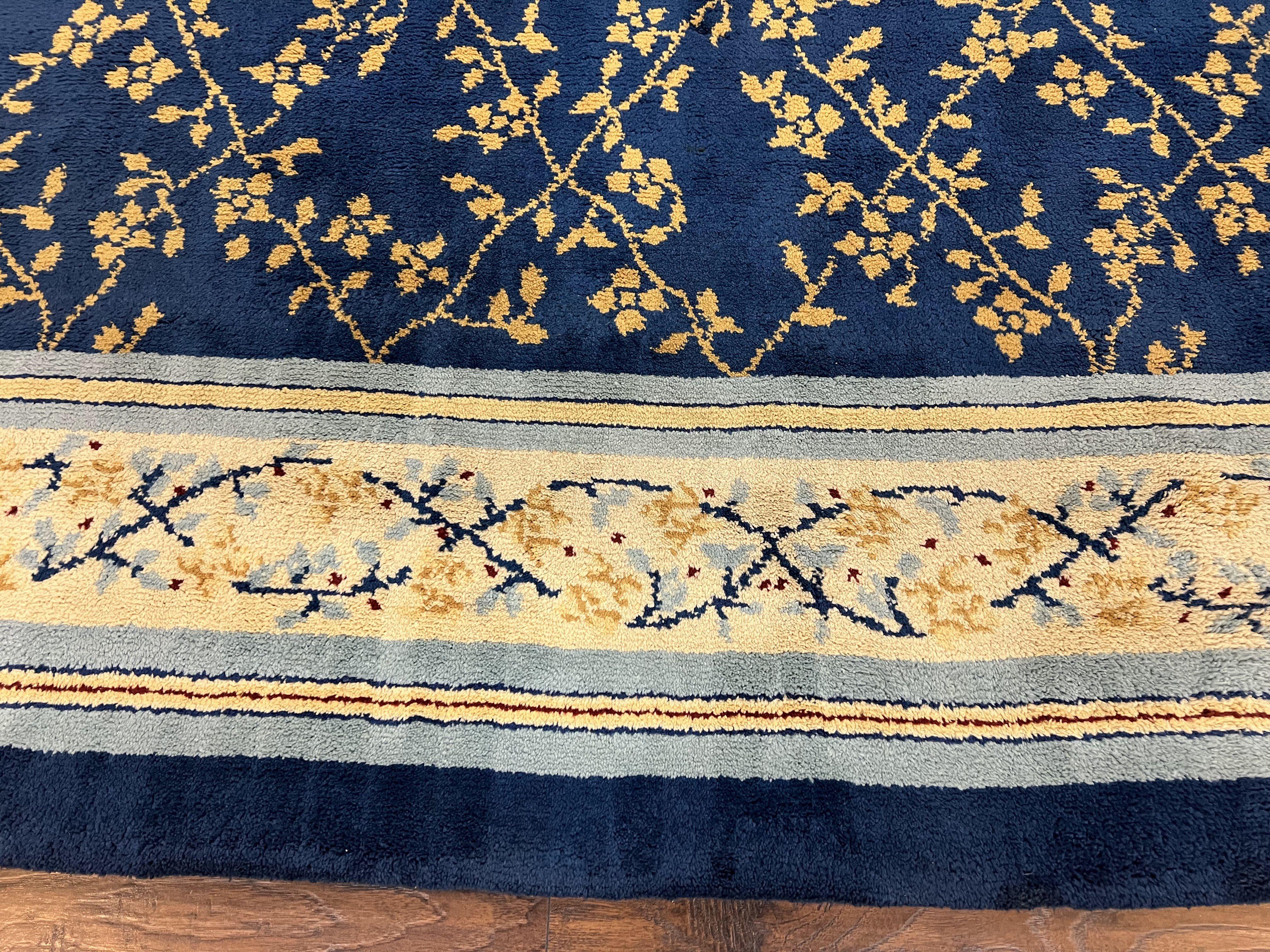 Vintage Spanish Portuguese Area Rug 10x12, Almost Square Size, Navy Blue - Gold - Cream, Floral European Design, Soft Wool Carpet Handmade - Jewel Rugs