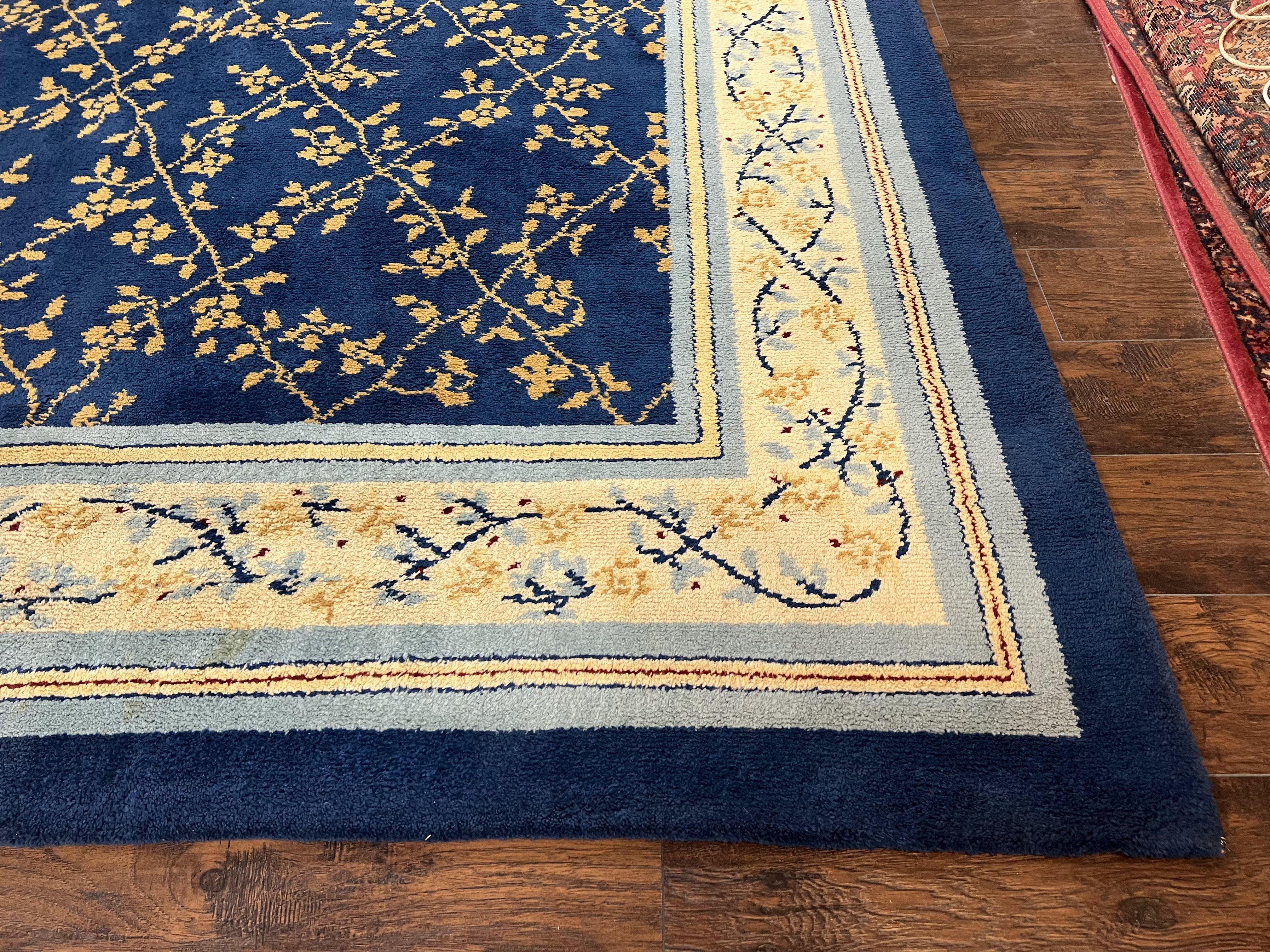 Vintage Spanish Portuguese Area Rug 10x12, Almost Square Size, Navy Blue - Gold - Cream, Floral European Design, Soft Wool Carpet Handmade - Jewel Rugs