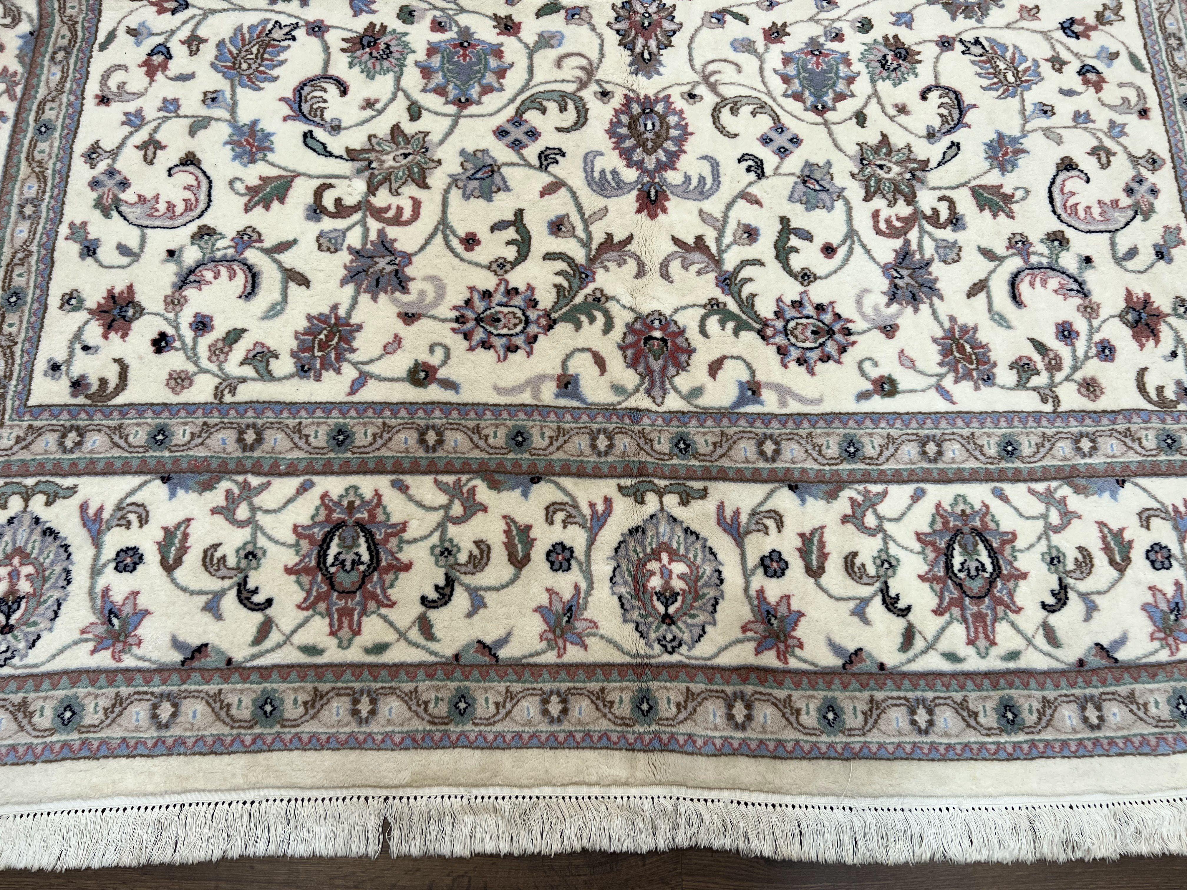 Indo Persian Rug 8x10, Wool Hand Knotted Carpet, Vintage Indian Oriental Carpet 8 x 10, Ivory Light Blue, Allover Floral, Traditional Rug - Jewel Rugs