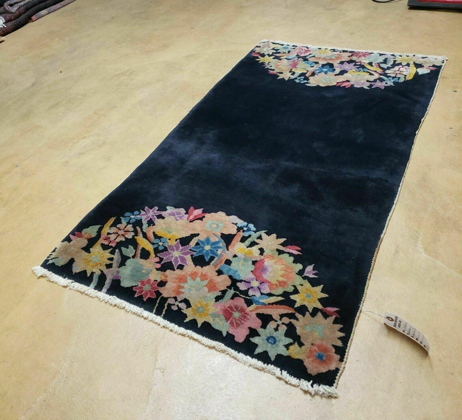 2' 6" X 5' Antique Handmade Chinese Art Deco Peking Wool Accent/Throw Rug - Black Rug with Flower Design - Jewel Rugs