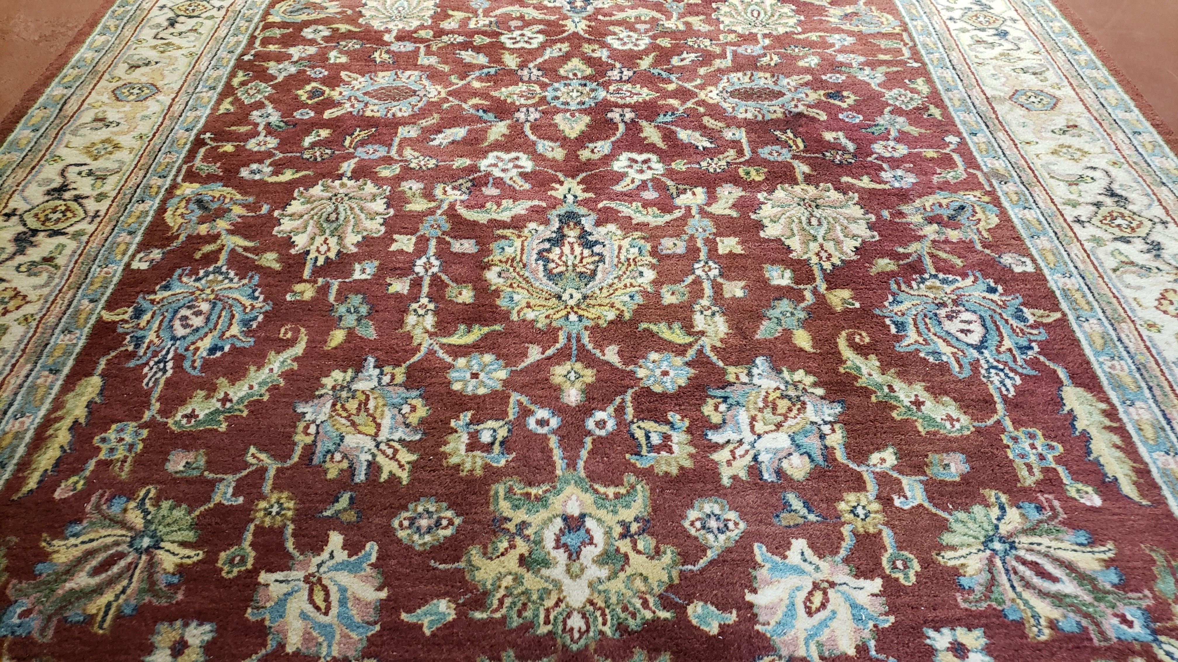8x12 Indo-Mahal Rug, Floral Allover, Red & Beige, Wool Vintage Handmade Traditional Carpet - Jewel Rugs