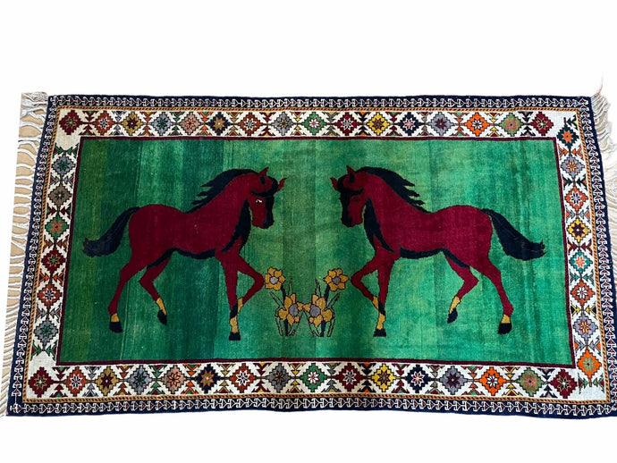4 X 7 Handmade Rug Zagros Quality Wool Pictorial Horses Green Butterfly Colorful - Jewel Rugs