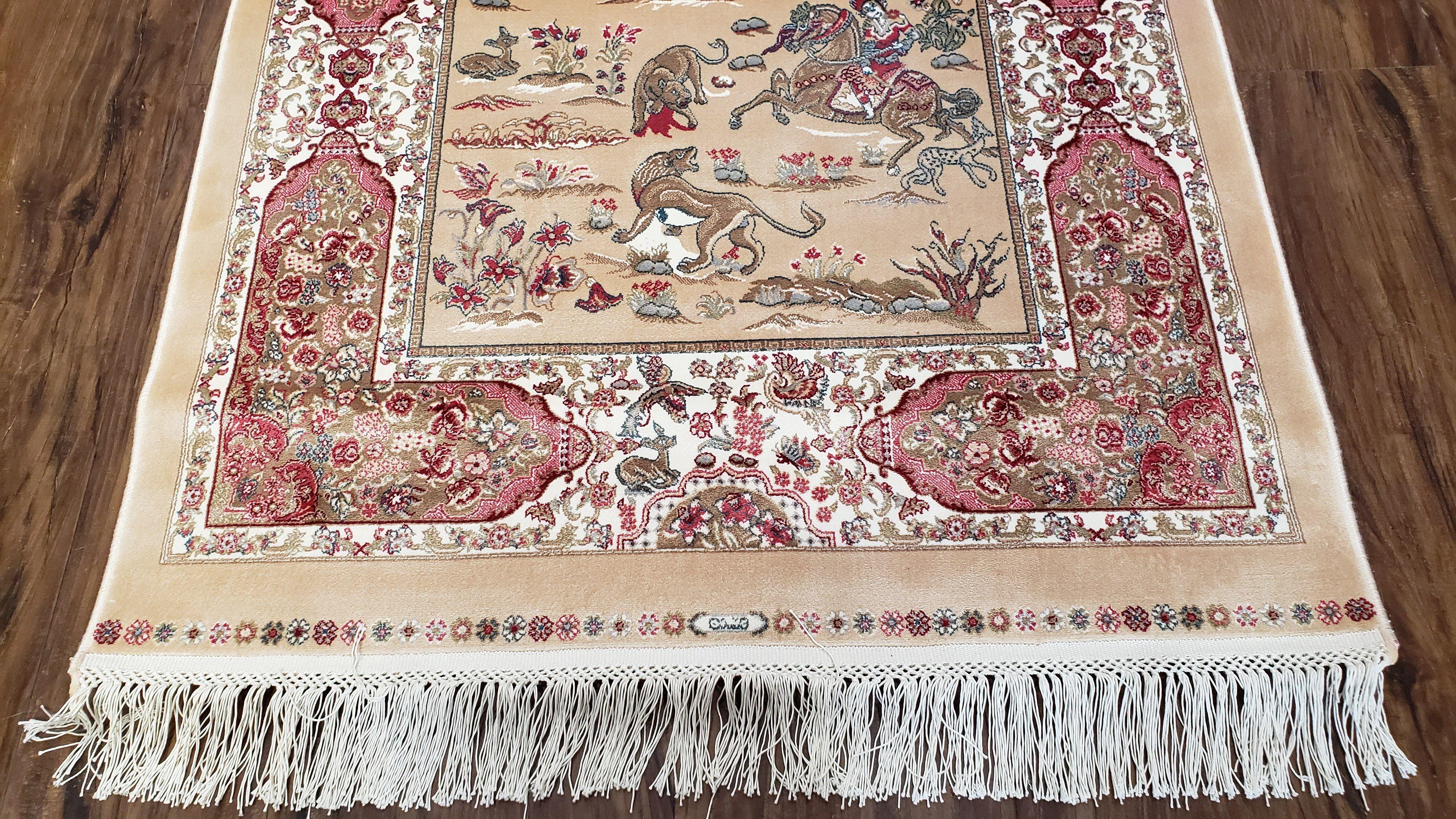 Silk Rug Hunting Design, Silk Oriental Carpet, Persian Design, Tan, 3x5 Rug, Very Detailed, Bamboo Silk, New, Accent Rug, 2' 8" x 4' 11" - Jewel Rugs