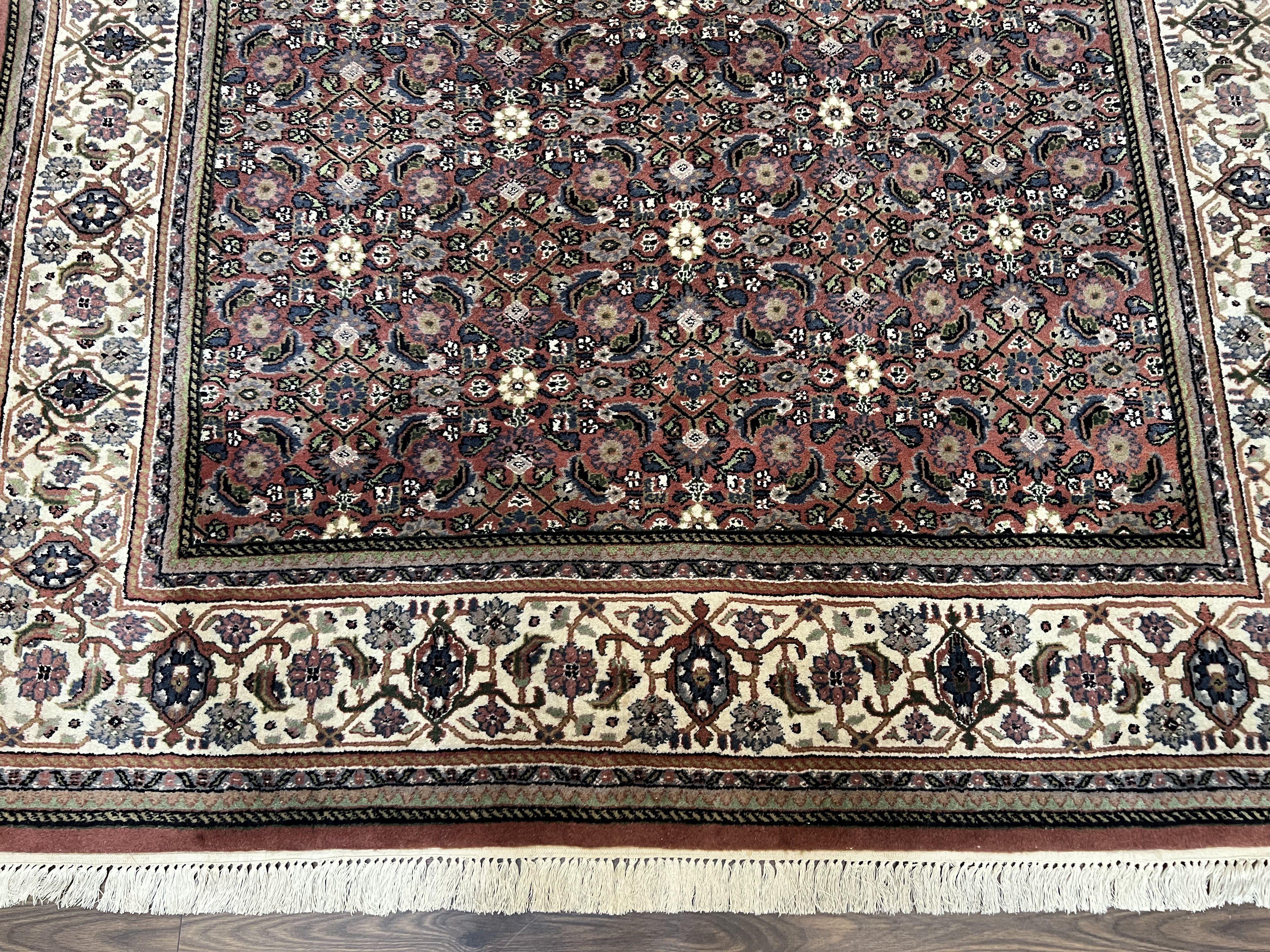 Indo Bidjar Rug 7x10, Indo Persian Bijar Carpet 7 x 10 ft, Herati Allover Floral, Maroon and Cream, Wool Hand Knotted Vintage Oriental Rug - Jewel Rugs