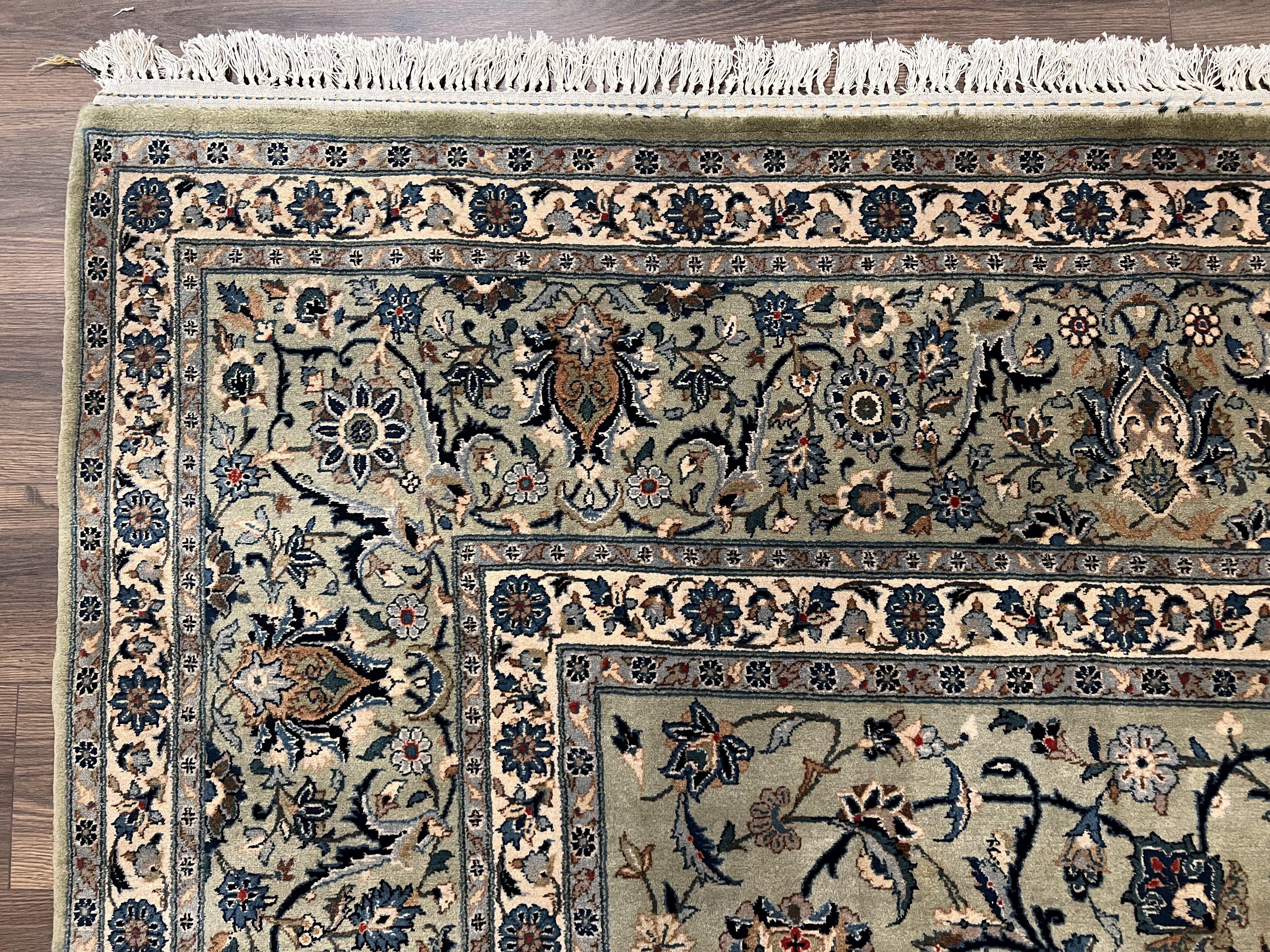 Persian Kashan Rug 10x15 with Signature, Antique Persian Carpet 10 x 15 ft Oriental Rug, Vintage Rug, Gray Ivory Blues Large Handmade Wool Area Rug - Jewel Rugs