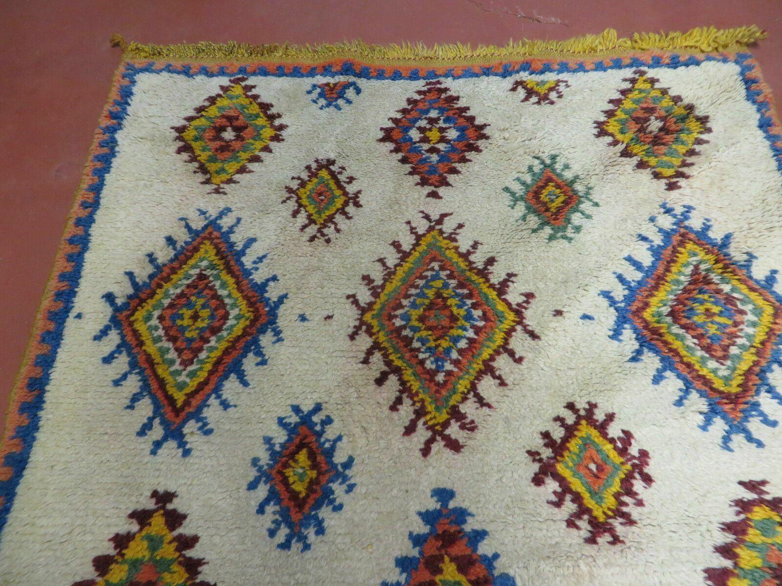 Moroccan Wide Runner Rug 3' 6" x 9', Vintage Azilal Berber Carpet Tribal Runner, Colorful Diamonds Ivory Orange Yellow, Soft Wool Handmade - Jewel Rugs