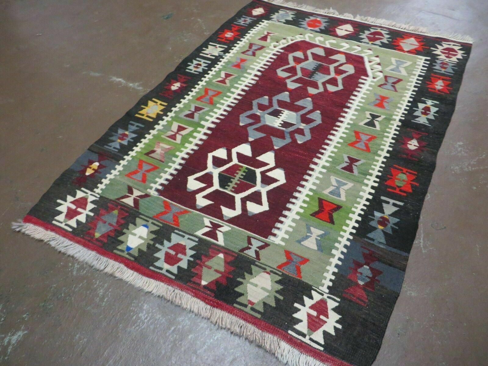 3' 8" X 5' Vintage Turkish Kilim Handmade Flat Weave Wool Rug Veg Dyes - Jewel Rugs