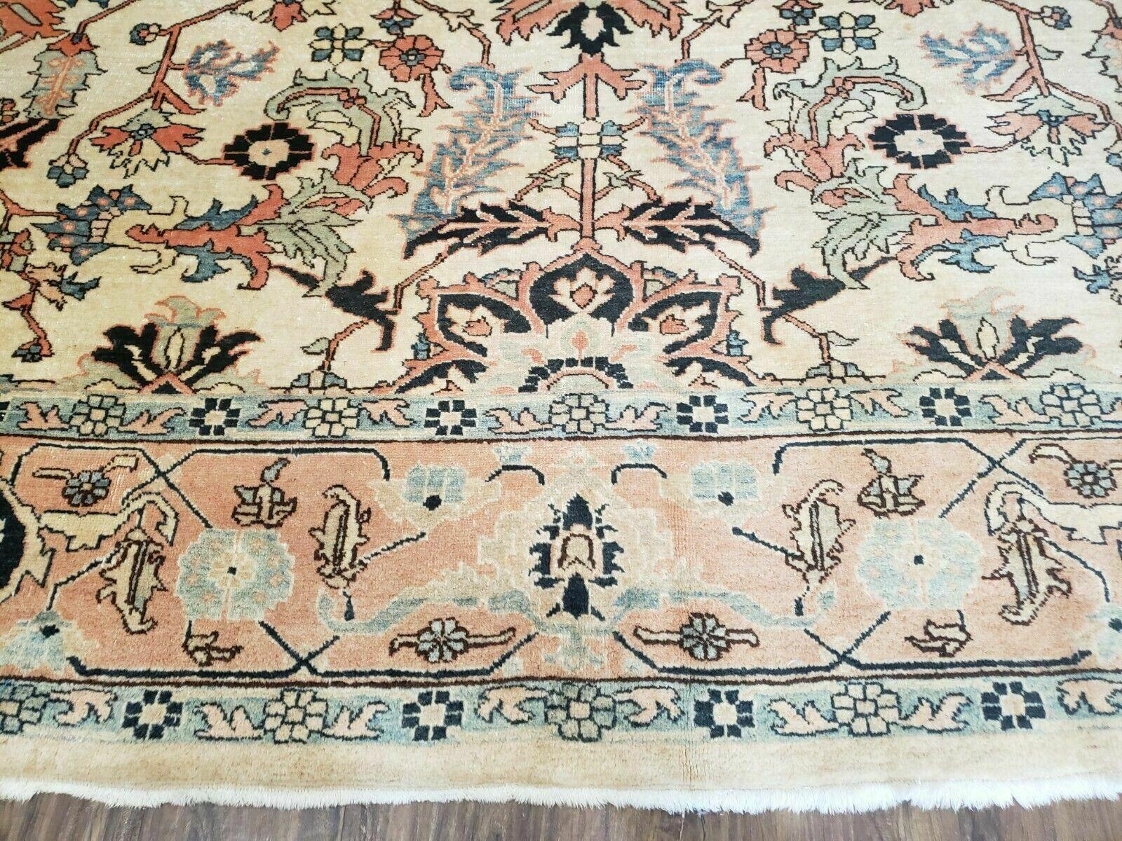 9' X 12' Hand Knotted Indian Agra Wool Rug Vegetable Dyes Handmade Beige Ivory - Jewel Rugs