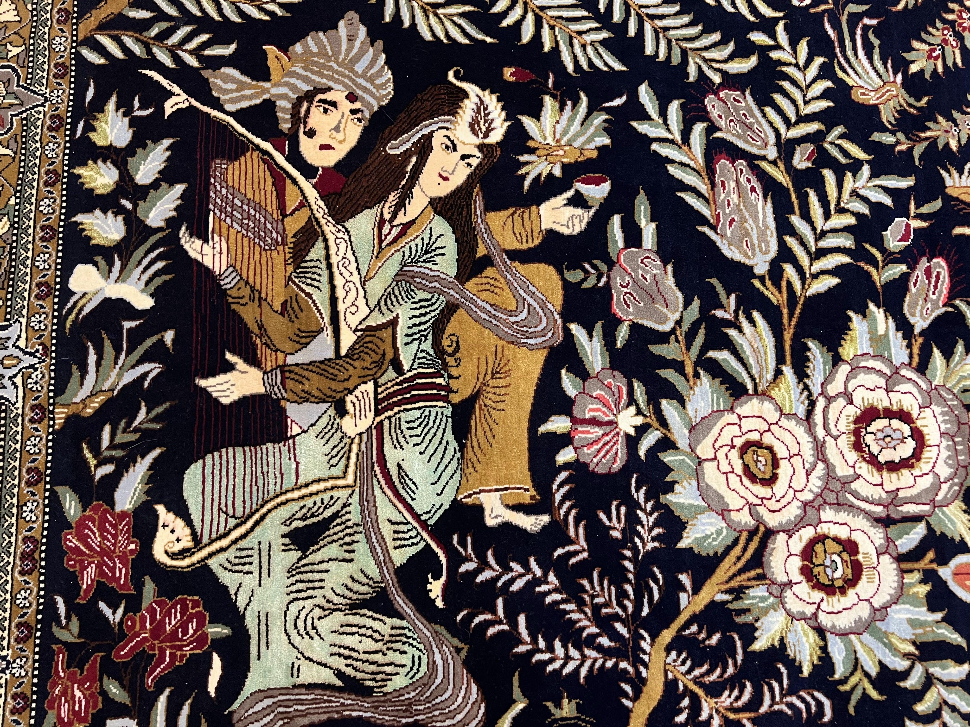 Persian Qum Pictorial Rug 4.8 x 6.5 - Layla & Majnun, Birds - Jewel Rugs