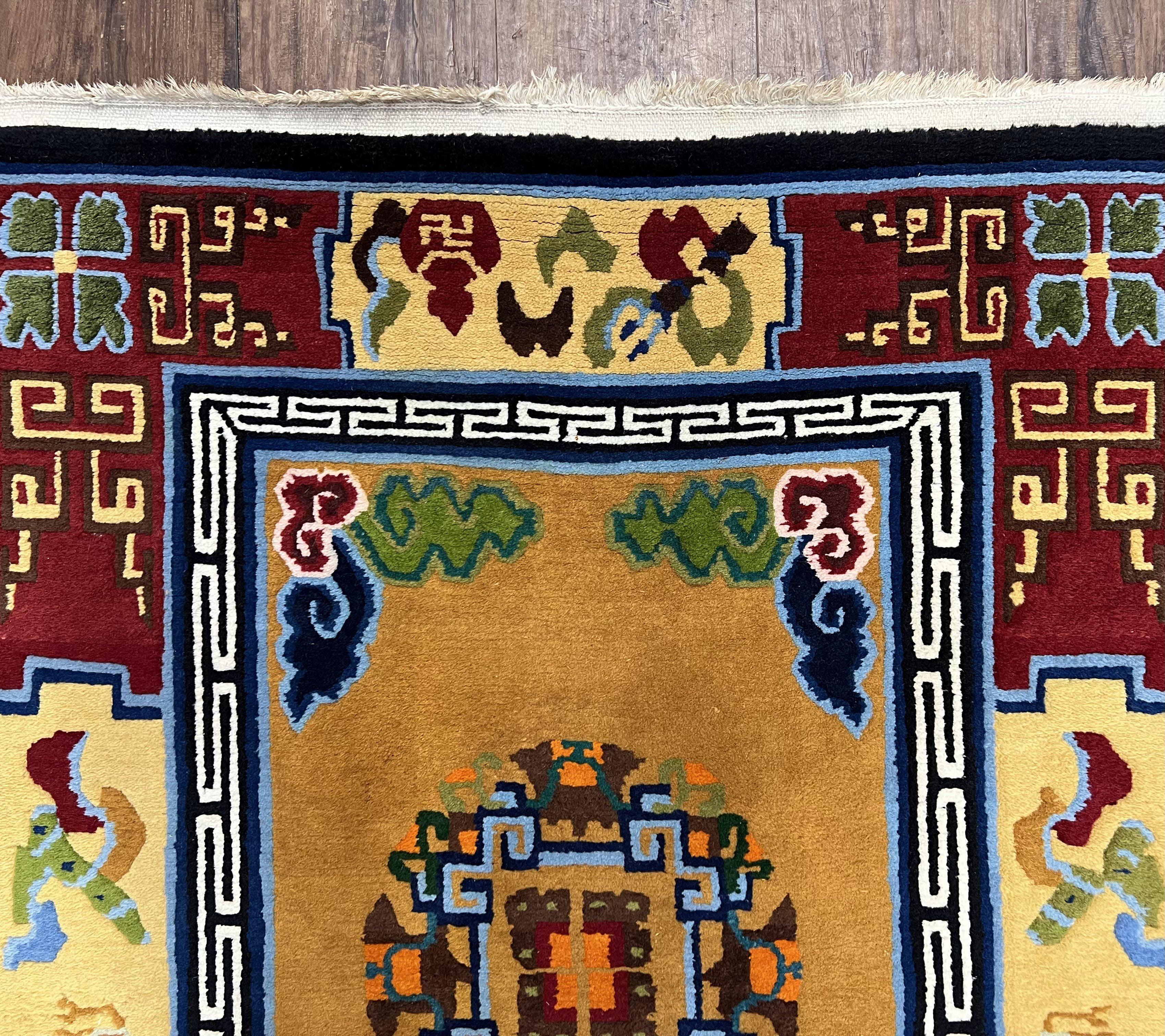Vintage Chinese Art Deco Rug 3x6, Orange Dark Blue Maroon Chinese Peking Carpet, Asian Oriental Wool Rug, Bold Colors, Bedroom Rug, Hallway - Jewel Rugs