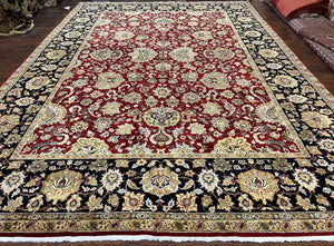 Indo Persian Rug 10x14, Large Oriental Carpet 10 x 14 ft, Dark Red Black Gold Floral Allover Rug, Traditional Room Sized Handmade Wool Rug - Jewel Rugs
