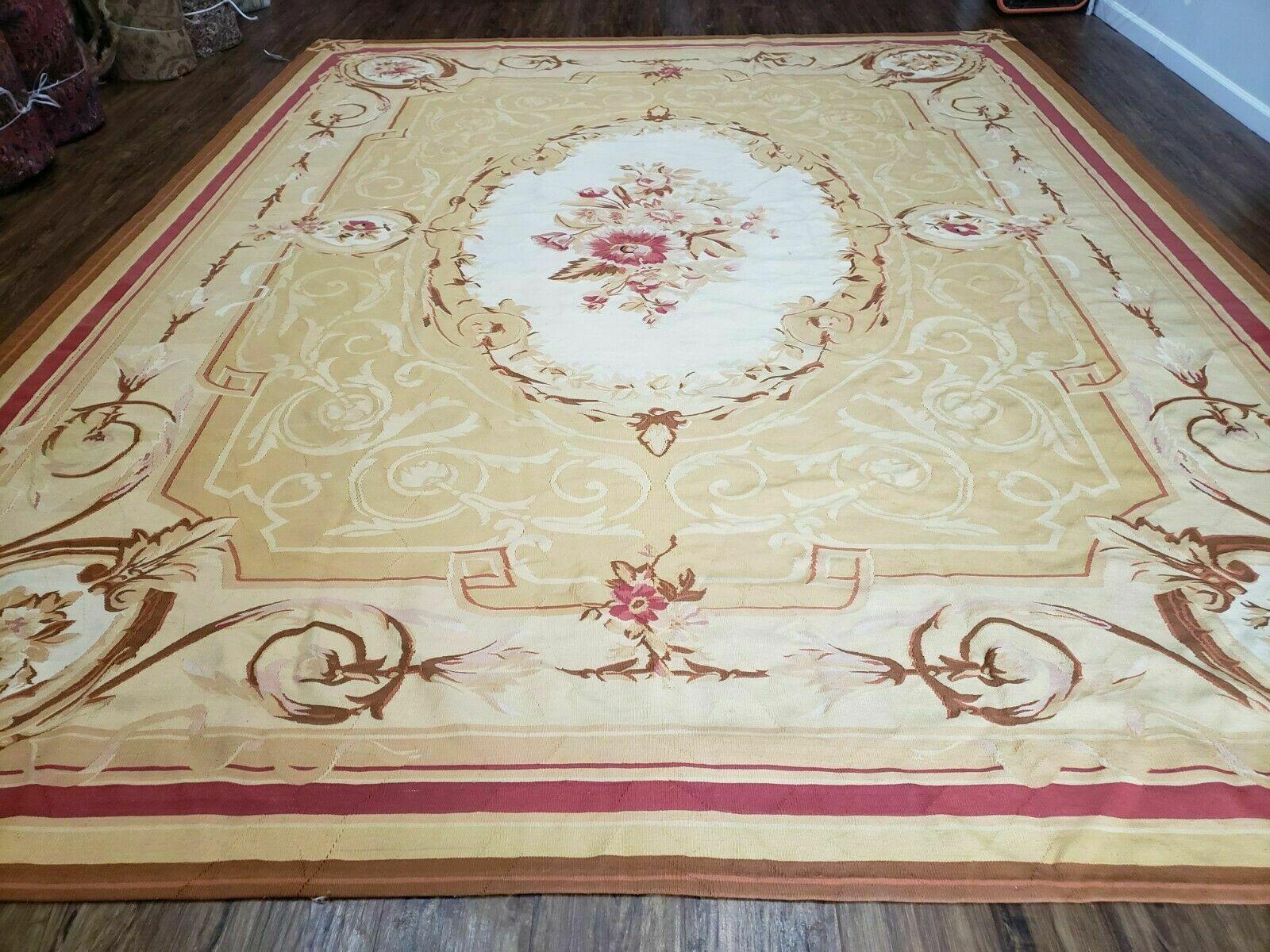 Aubusson Rug 10x13, Savonneire Carpet 10 x 13 ft, Handmade Vintage Flatweave Room Sized Wool Floral Aubusson, Cream/Tan Ivory Reds Pinks - Jewel Rugs