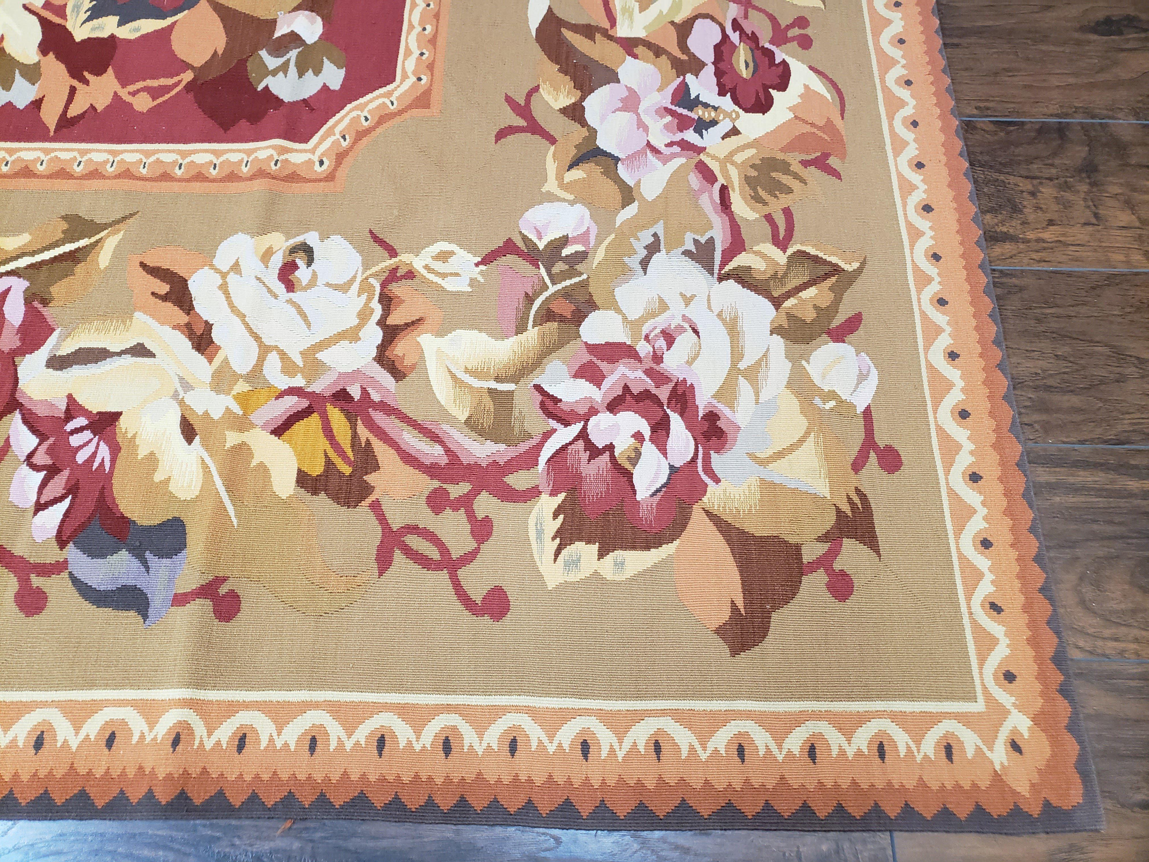 Vintage Chinese Aubusson Savonnerie Flat Pile Rug 9.9 x 14.5 Wool Handwoven Red & Khaki Large Flowers Rug 9x14 - 10x15 Michaelian Kolhberg - Jewel Rugs