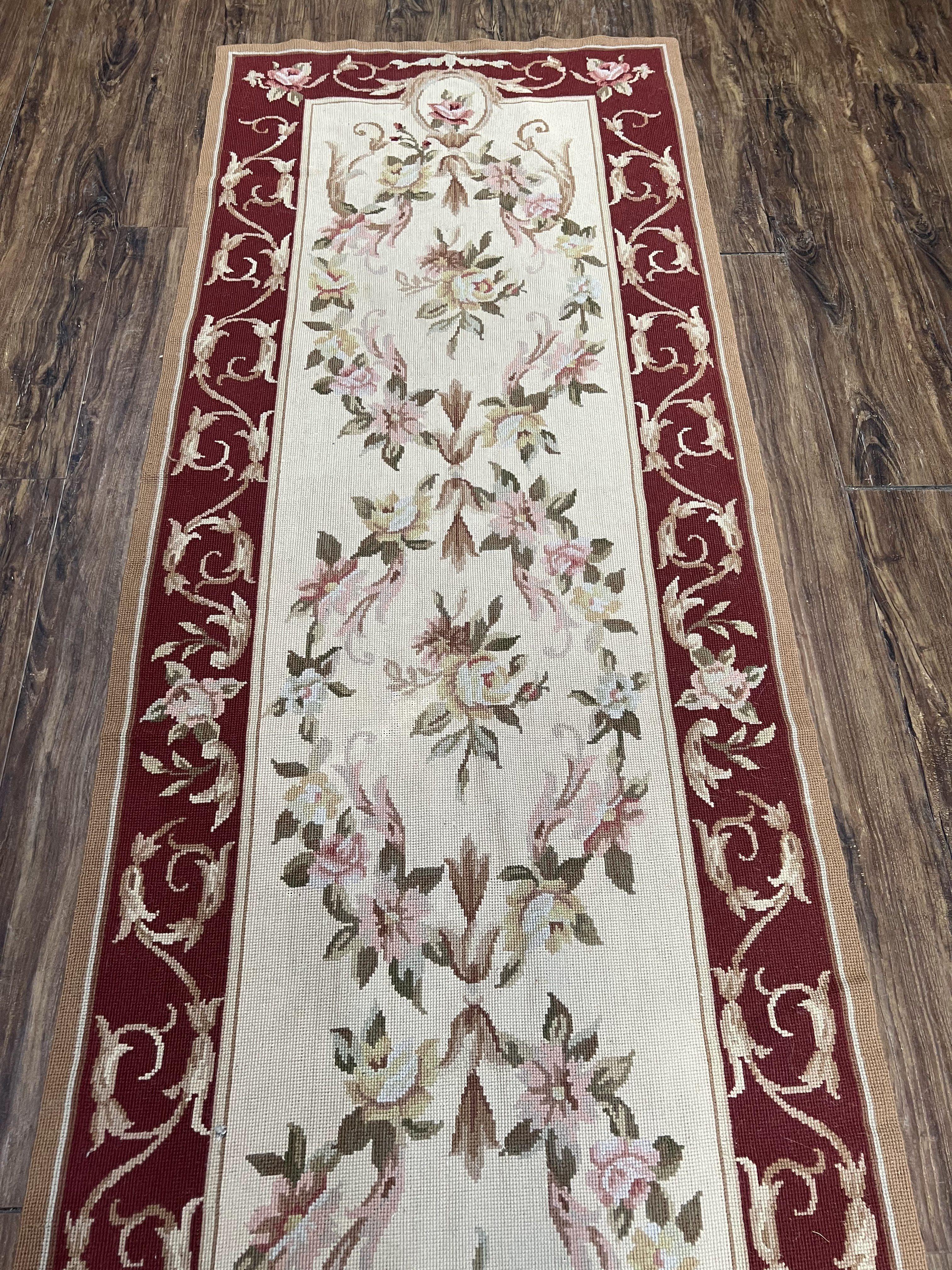 Needlepoint Runner 2.6 x 8 ft, French European Floral Vintage Rug, Beige/Cream Maroon Pink Flowers, Flatweave Runner 8 ft Long Hand Woven - Jewel Rugs