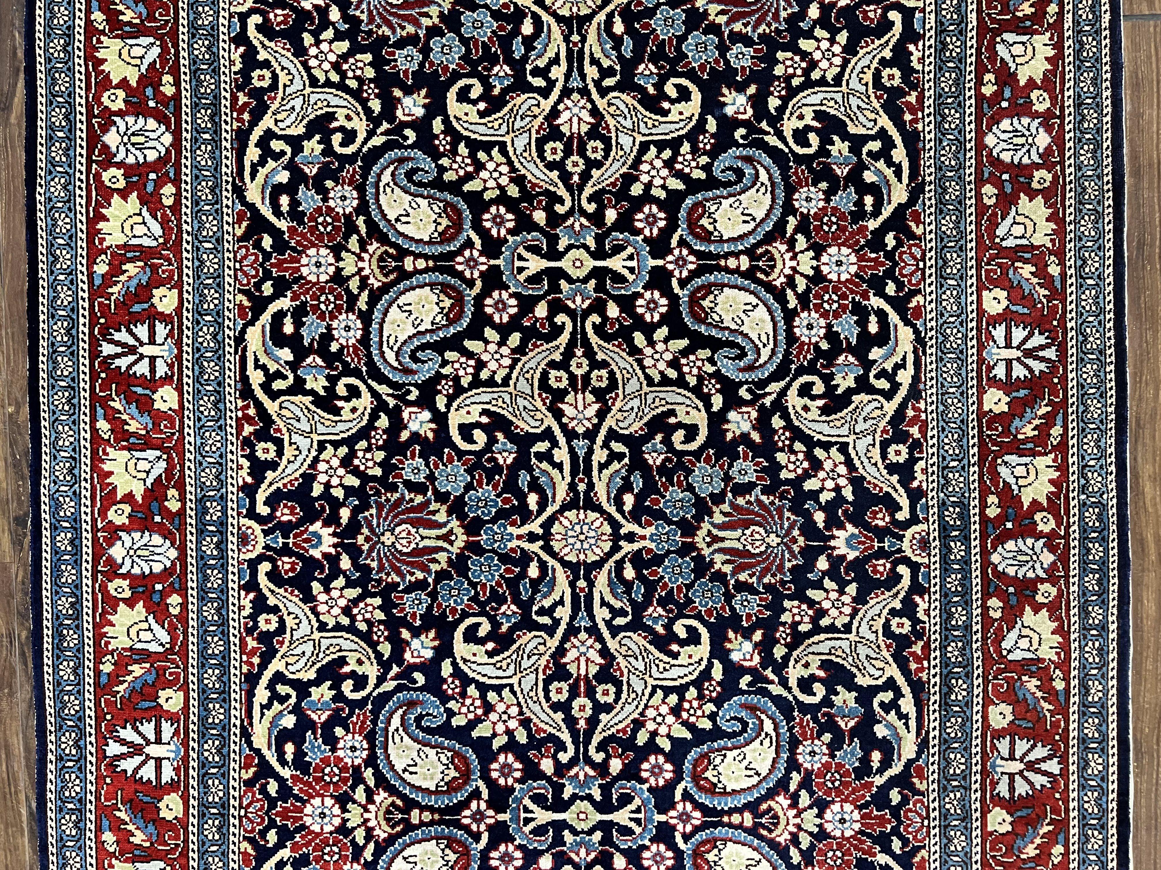 Turkish Silk Rug 3x4, Vintage Silk Carpet, Repeated Boteh Paisely Floral, Black Red Blue Fine Small Silk Rug 3 x 4 Hand Knotted Oriental Rug - Jewel Rugs