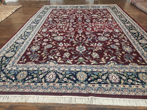 Vintage Indo Persian Rug, Traditional Oriental Carpet Handmade, Room Sized Rug, Floral, Dark Red and Dark Blue Large Flowers Living Room Rug - Jewel Rugs