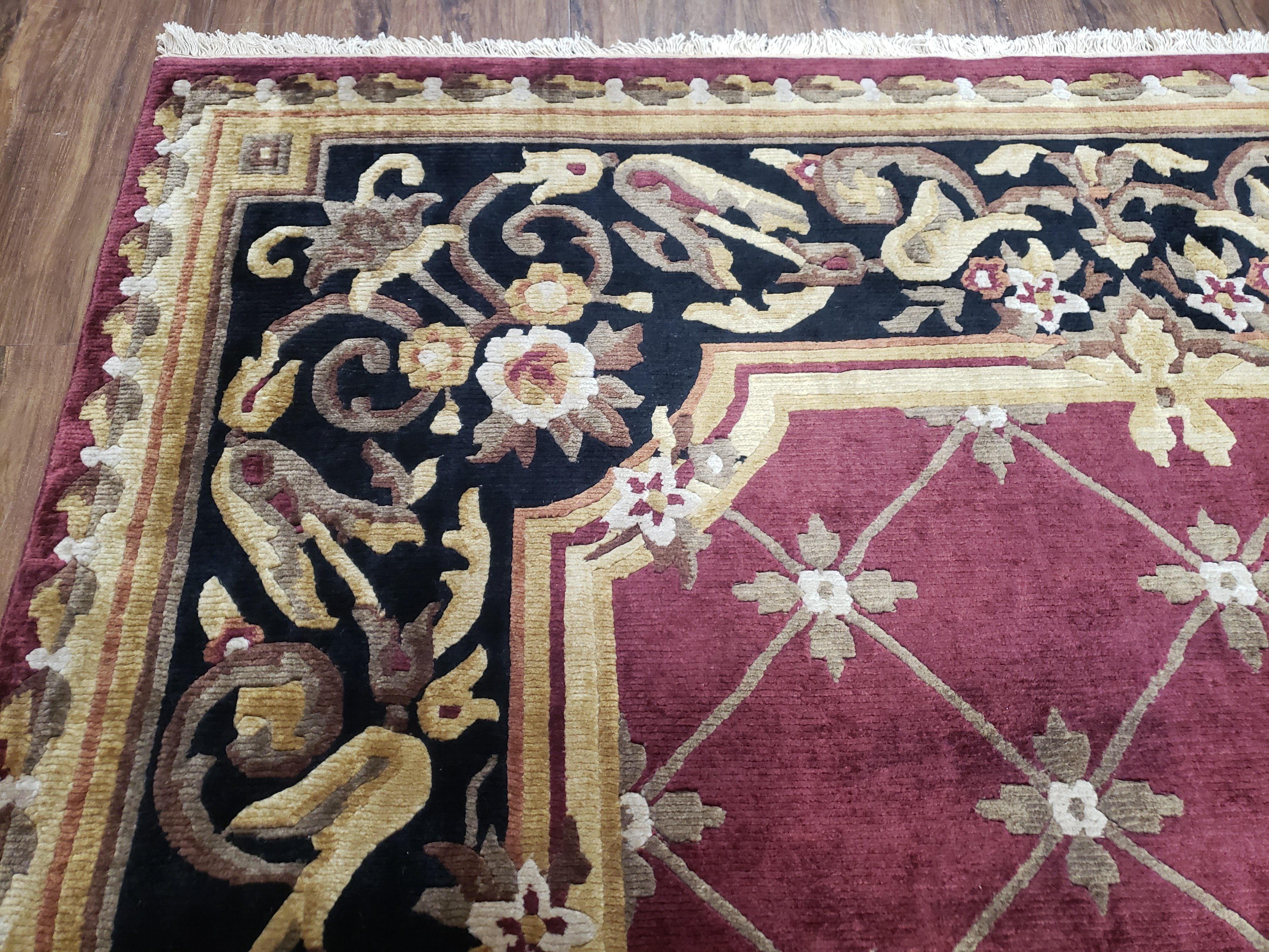 Vintage Aubusson Rug 6x9, Hibiscus Red Black & Gold Wool Hand-Knotted Carpet, 6 x 9 Small Elegant Dinning Room Area Rug, New Zealand Wool - Jewel Rugs