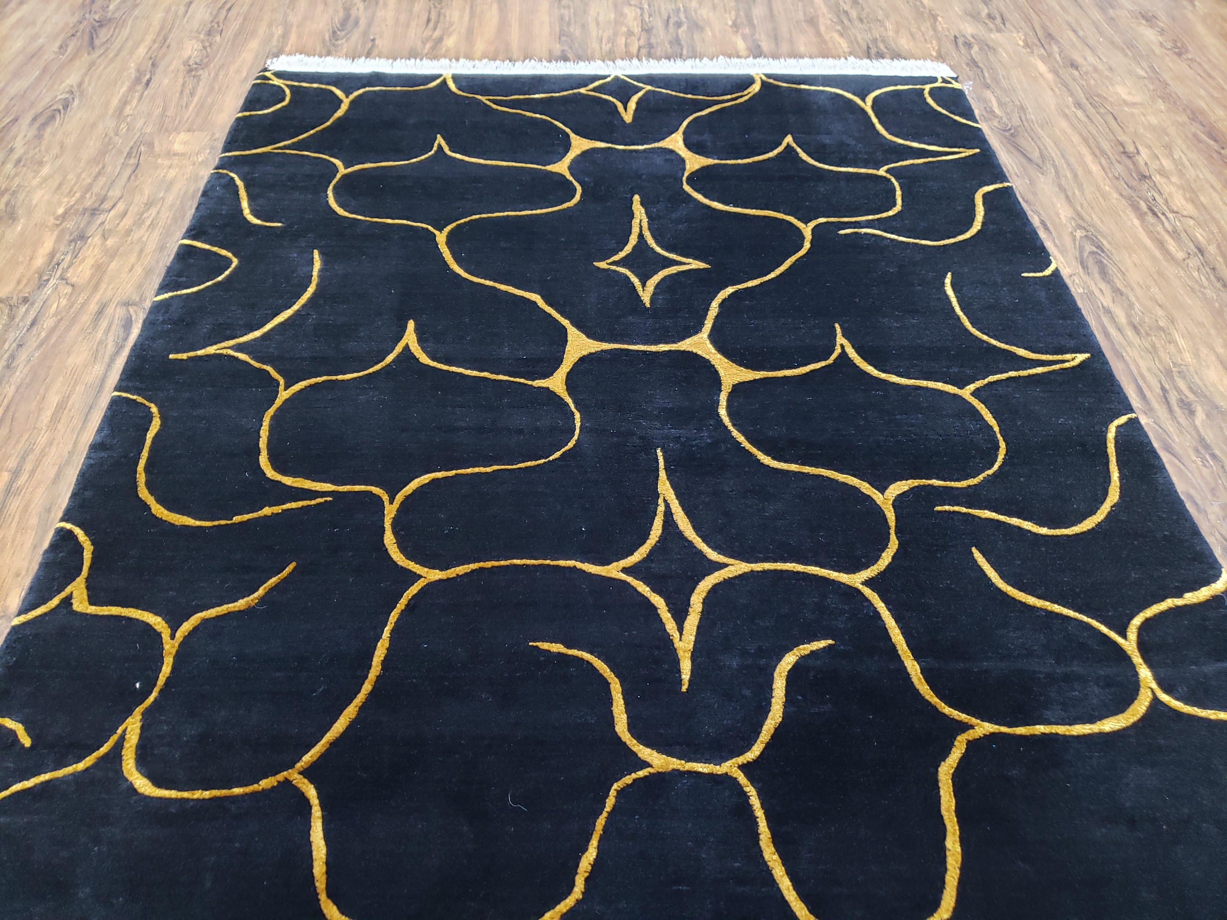 Black Tibetan Runner Rug, Wide Runner Rug, Black and Gold Rug, Handmade Carpet, 4.5 x 10 Rug, Wool and Silk Rug, Modern Tibetan Rug Abstract - Jewel Rugs