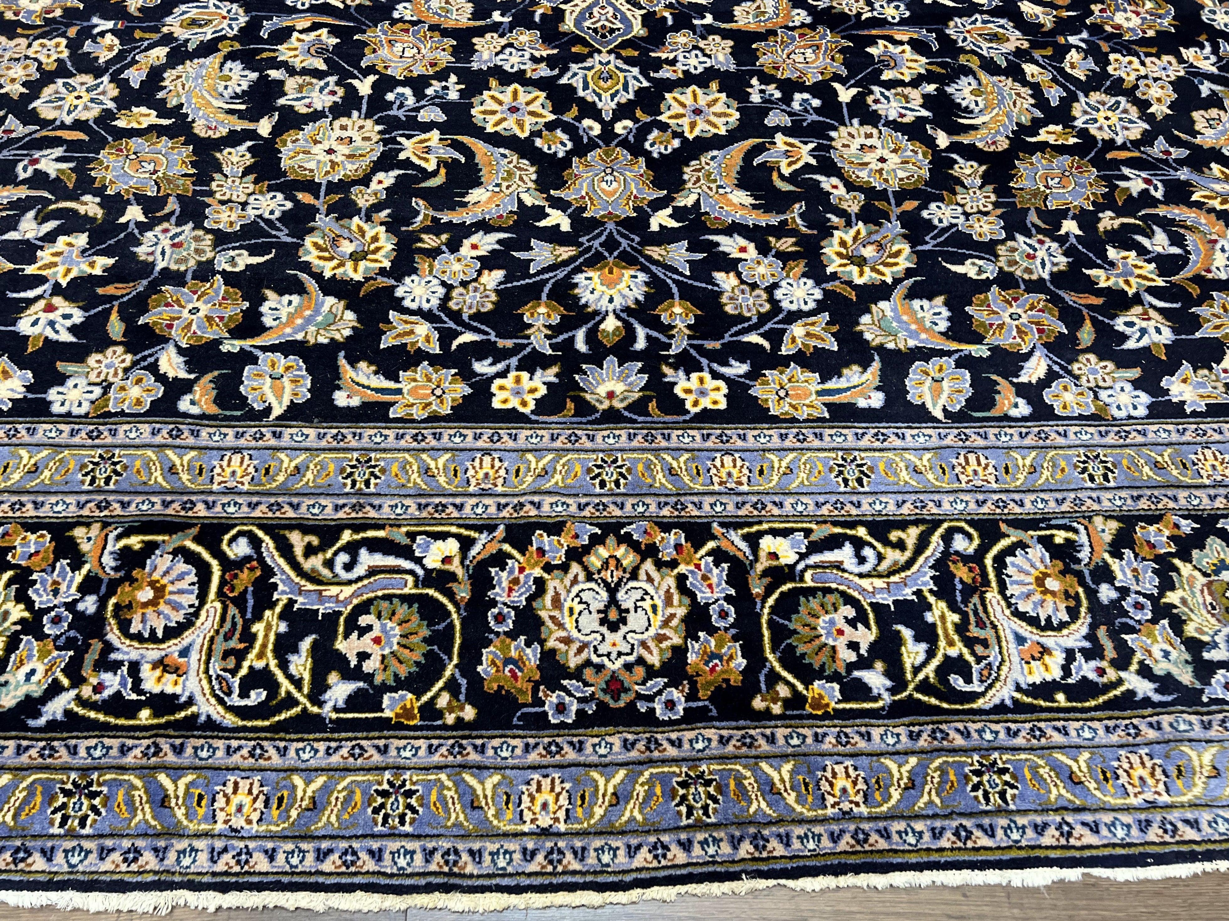 Wonderful Navy Blue Persian Kashan Rug 11x13, Allover Floral Design with Central Medallion, Wool Hand-Knotted Antique Carpet, Signed Rabani Rug - Jewel Rugs