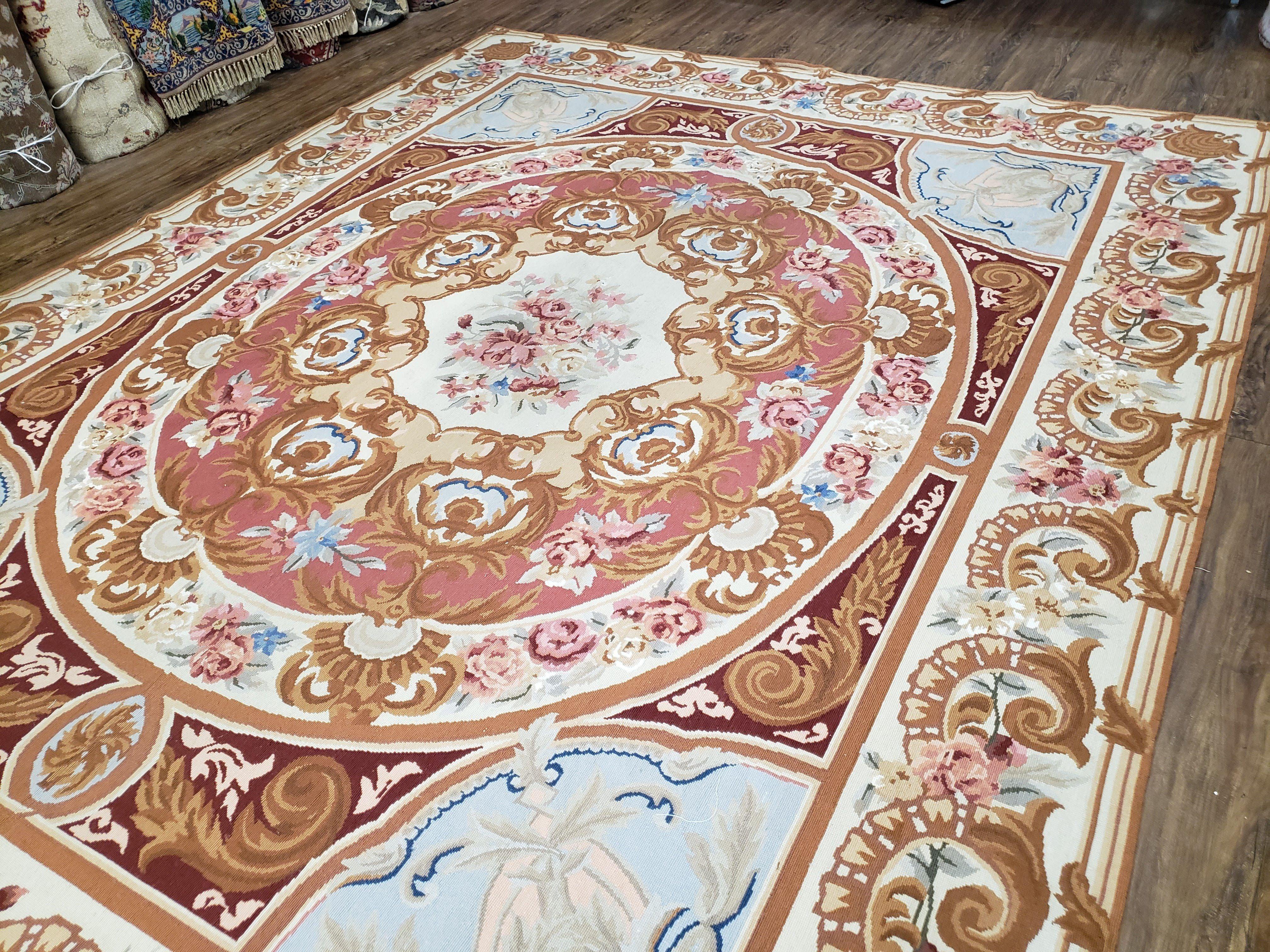 Vintage Aubusson Needlepoint Area Rug 8x10, Brown Ivory Hibiscus Red & Light Blue, Hand-Knotted Wool Carpet Chinese Savonnerie Flatweave Rug - Jewel Rugs