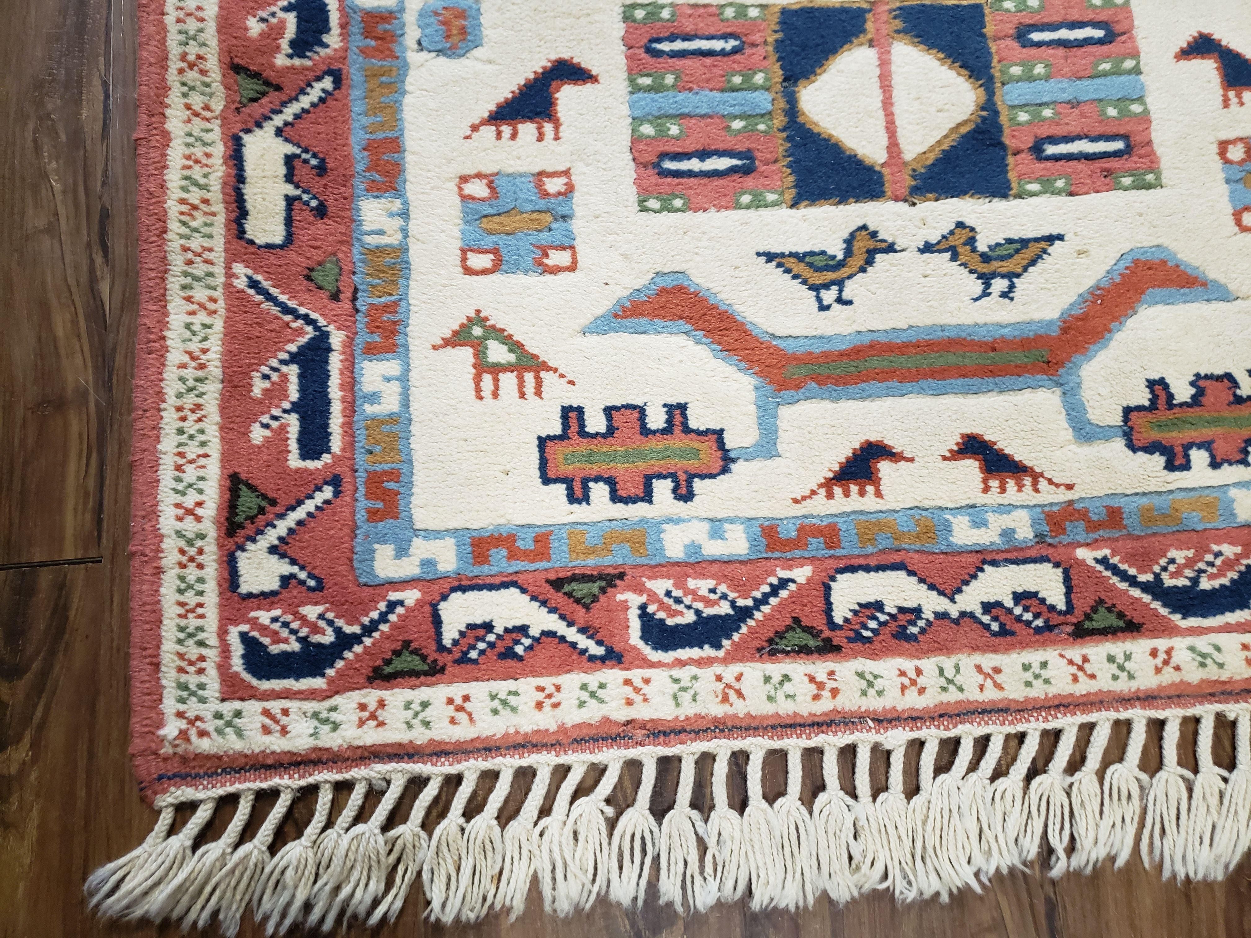 3x5 Handmade Vintage Turkish Area Rug Wool Kazak Caucasian Carpet 3'4"x4'7" Bird - Jewel Rugs