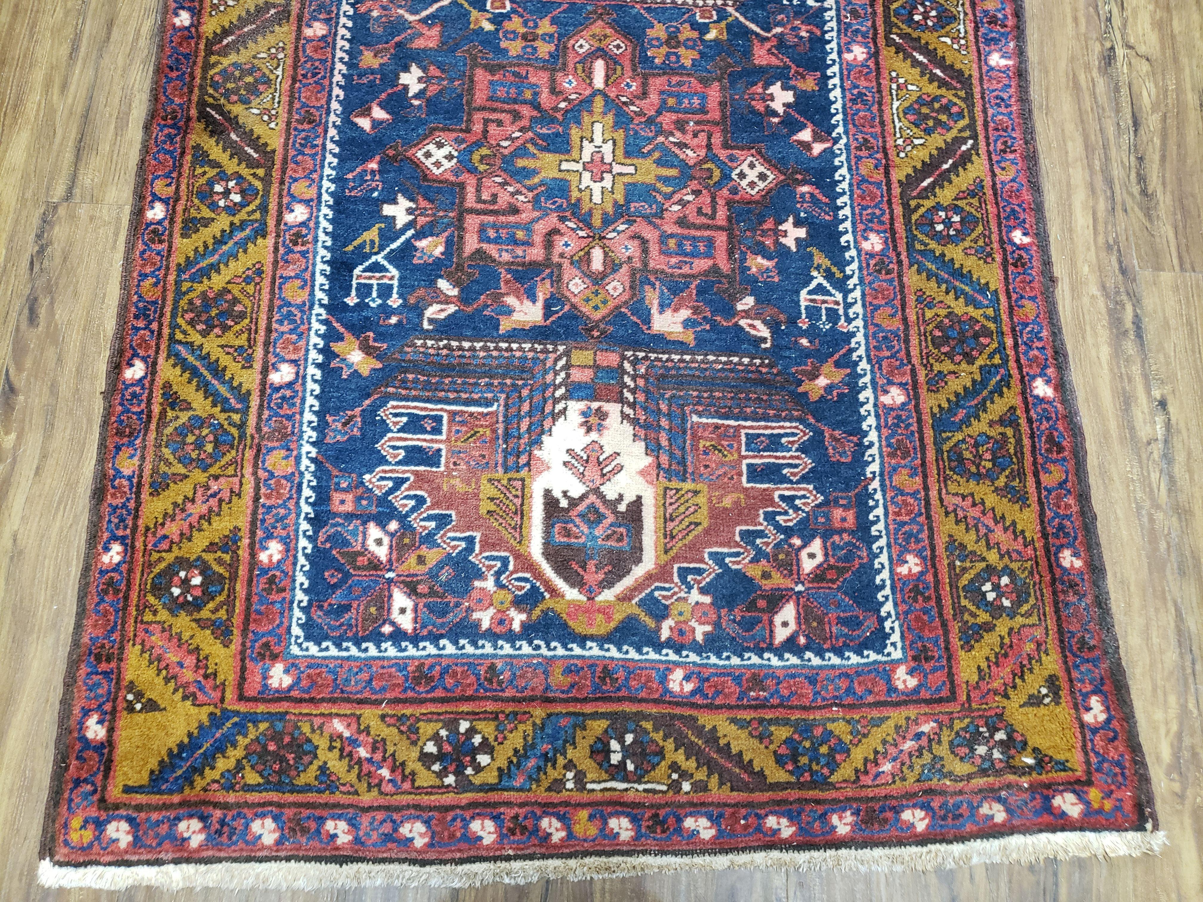 Antique Persian Karajeh Long Runner Rug, Dark Blue & Dark Orange, Hand-Knotted, Wool, 3'2" x 14'6" - Jewel Rugs