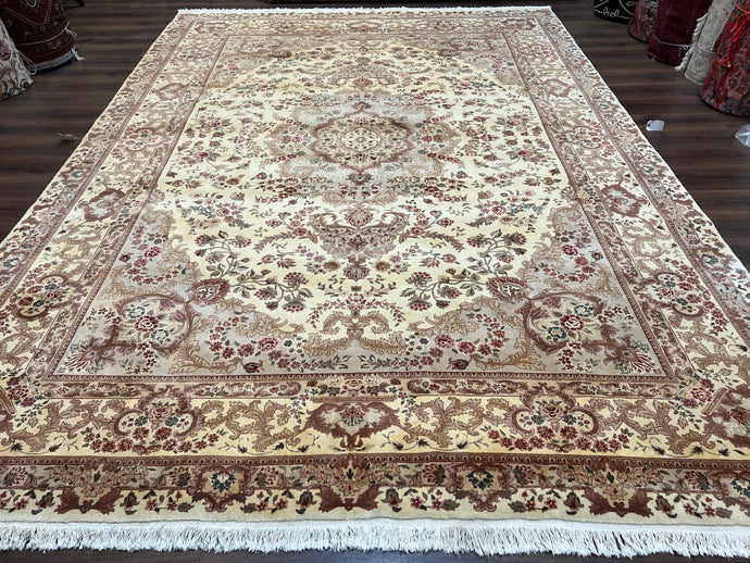Vintage Sino Persian Rug 10x14, Room Sized Elegant Handmade Oriental Carpet 10 x 14, Floral Medallion Large Wool Rug with Silk Accents Beige - Jewel Rugs
