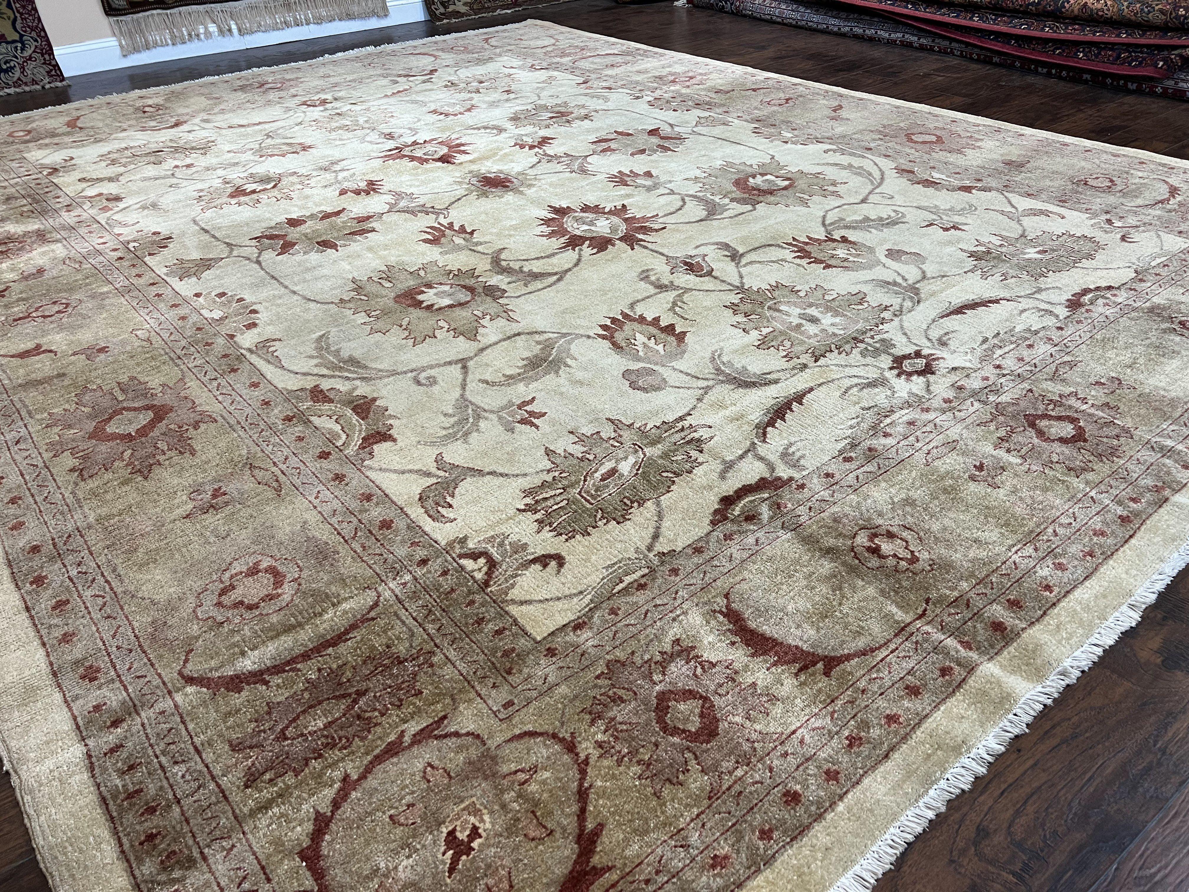 Large Peshawar Rug 11x14, Vintage Beige Chobi Carpet, Allover Floral Design, Hand Knotted, Wool, Room Sized Rug for Living Room Dining Room - Jewel Rugs