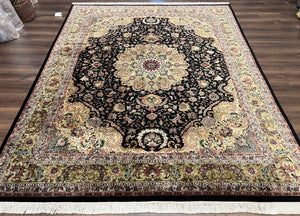 Stunning Sino Persian Rug 8x10, Elegant High Quality Handmade Wool Vintage Oriental Carpet, Medallion with Corner Design, Floral, Black Tan - Jewel Rugs