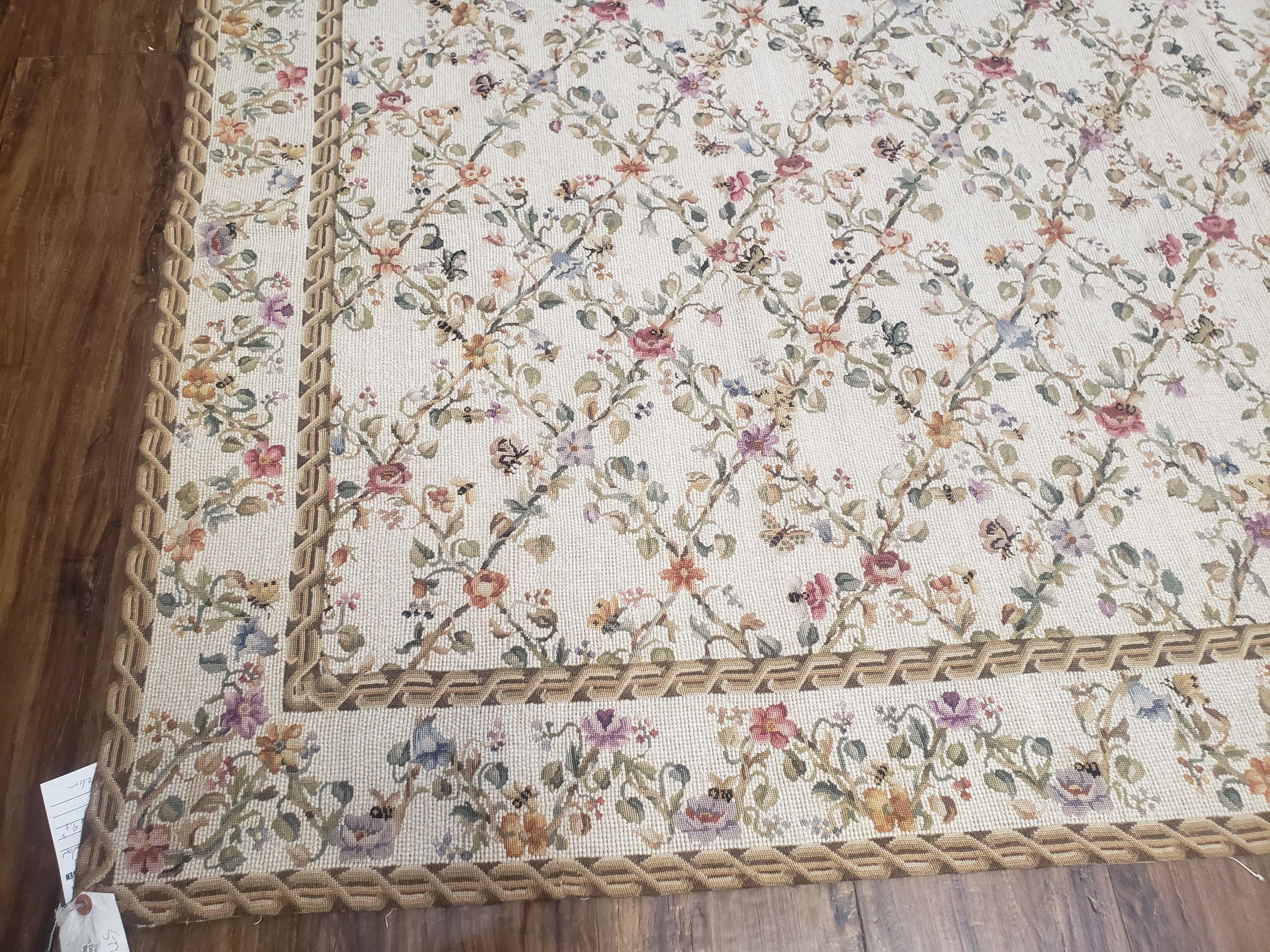 Vintage Petite Point Floral Area Rug 7.5 x 9.9, Chinese Aubusson Needlepoint Carpet 7x10, Wool Hand-Knotted Ivory Small Flowers Rug 8x10 - Jewel Rugs